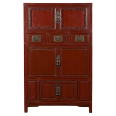 Mid-19th Century Chinese Qing Red Lacquer Cabinet with Multiple Carved Doors