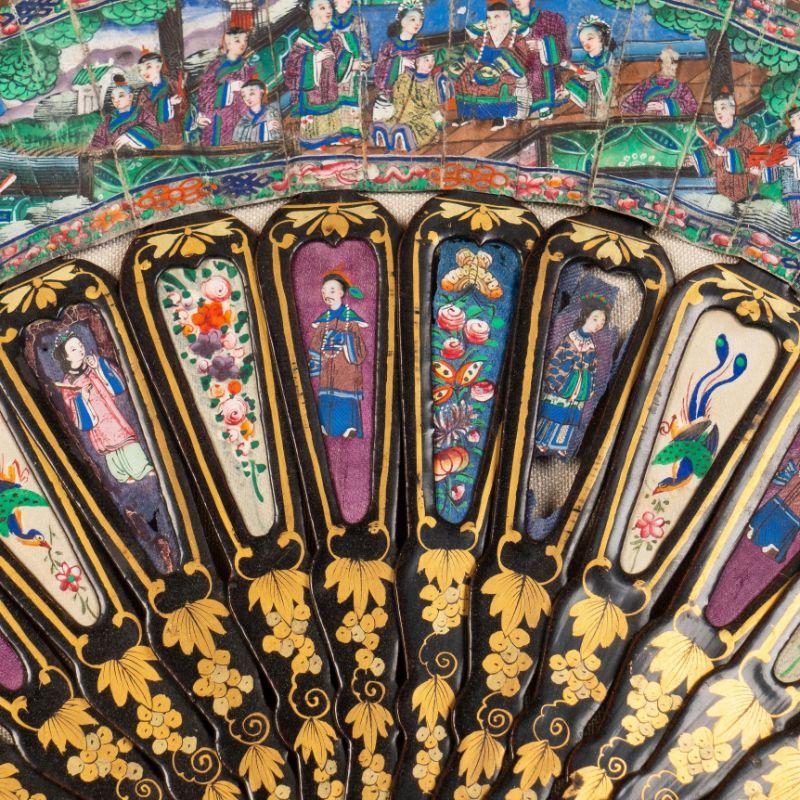 Enamel Mid-19th Century Chinese Telescopic Fan of Gilt Decorated Black Lacquer Stays For Sale