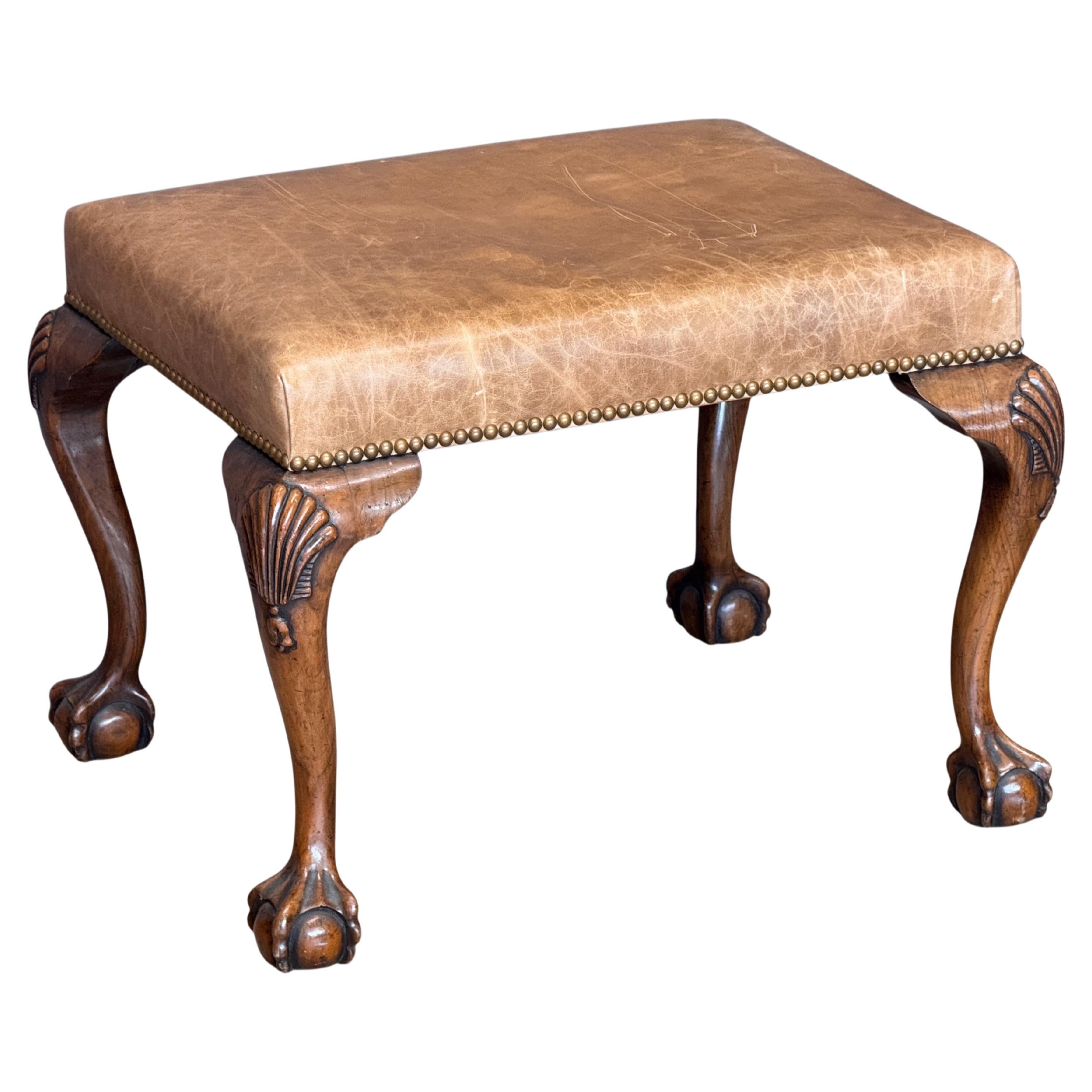Mid 19th Century Chippendale Style Mahogany and Leather Upholstered Stool For Sale