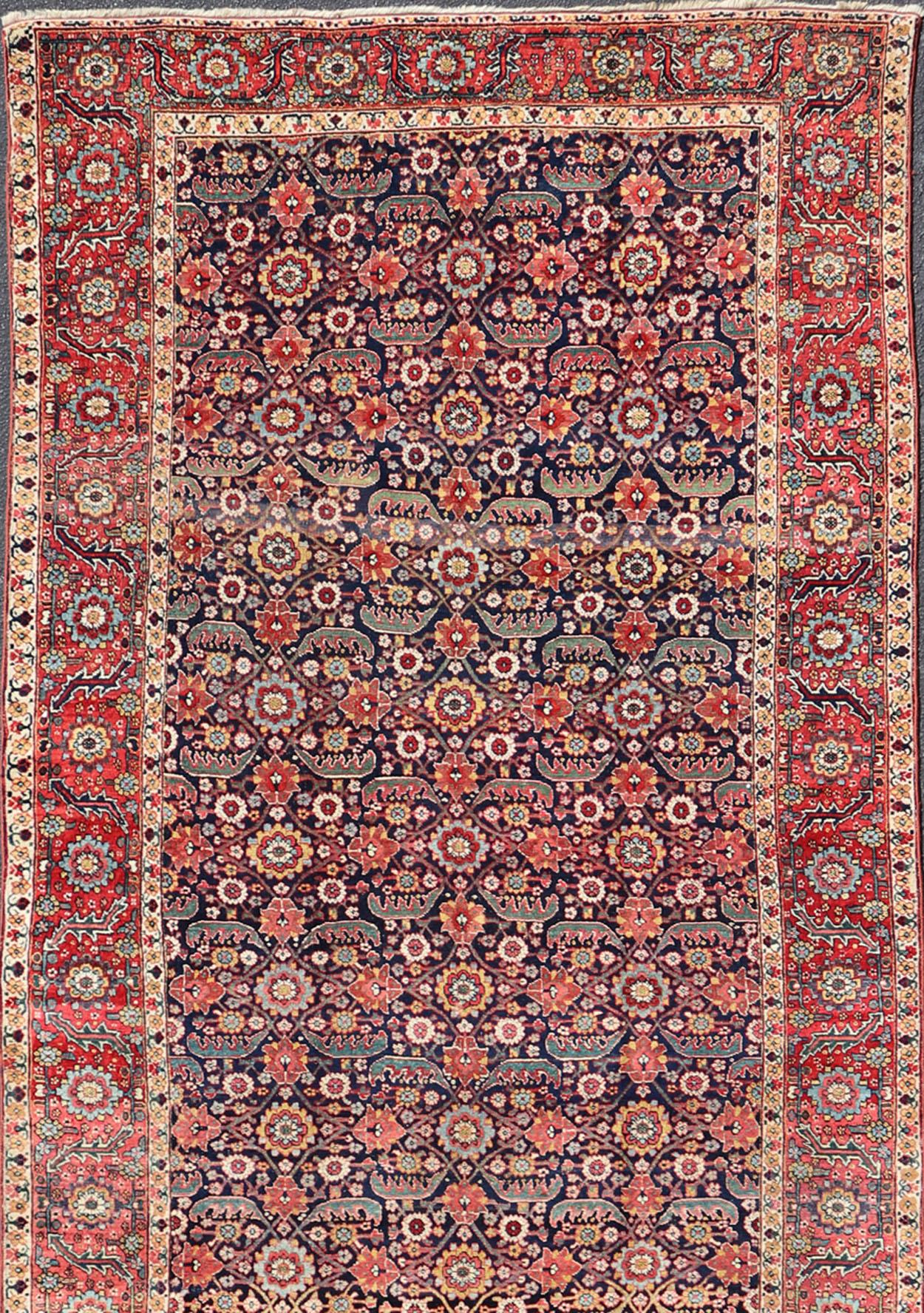Mid-19th Century, circa 1850 Antique Persian Joshegan Gallery Rug in Blue Field For Sale 7