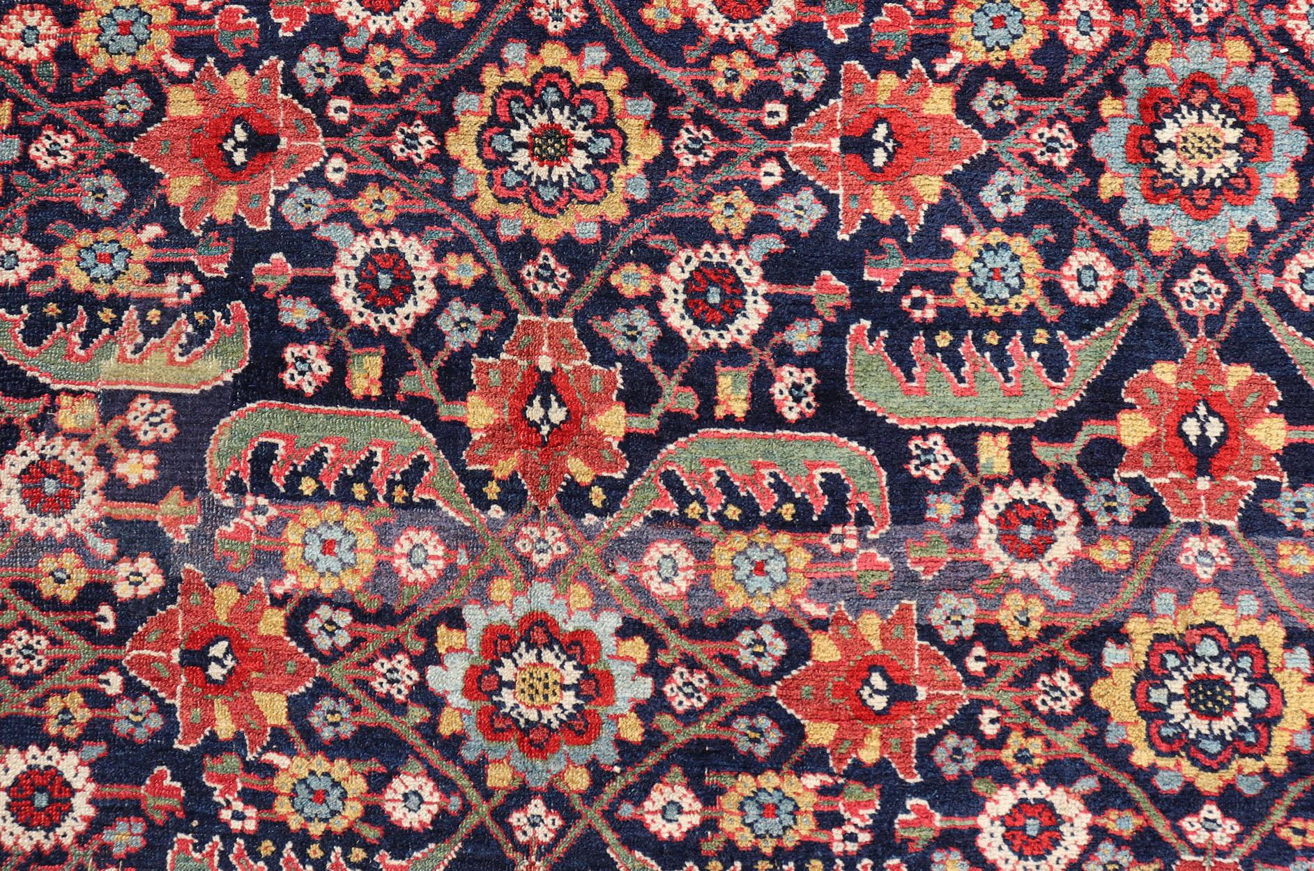 Hand-Knotted Mid-19th Century, circa 1850 Antique Persian Joshegan Gallery Rug in Blue Field For Sale