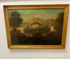 Mid-19th Century Continental Romantic Landscape Classical Pavilion, Oil on Board