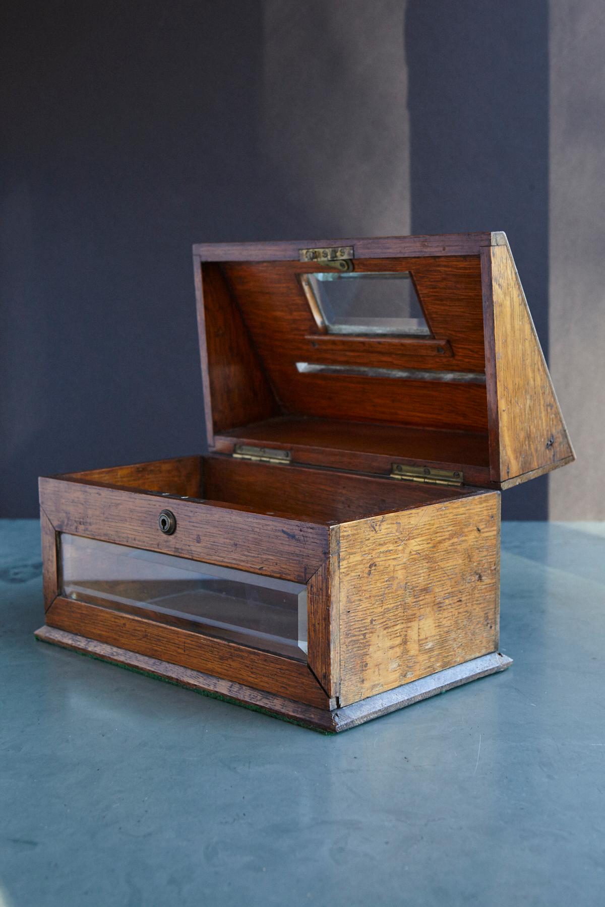 English Mid-19th Century Country House Oak Letter Box with Brass Slot and Beveled Glass