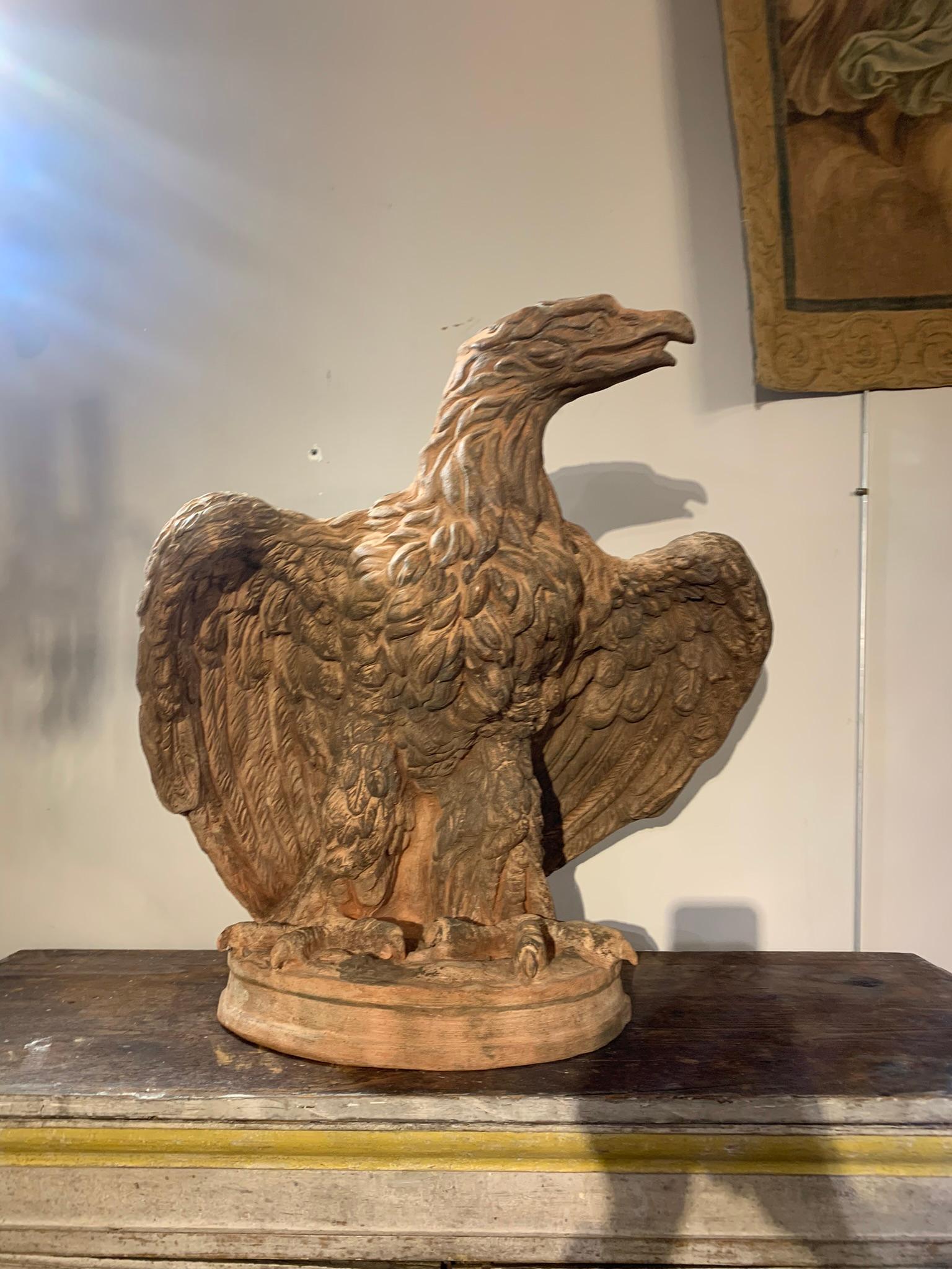 Pair of impressive hand-formed terracotta sculptures finished with a stick, typical Impruneta (Florence) manufacture with dough cooked in a wood oven.
Mid-1800s, they have the Manufacture brand stamped on the base.