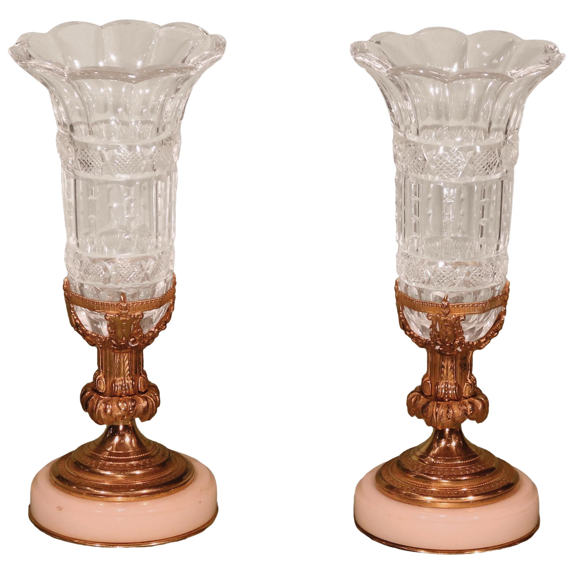 Mid-19th Century Cut-Glass Crystal Vases on Ormolu Holders