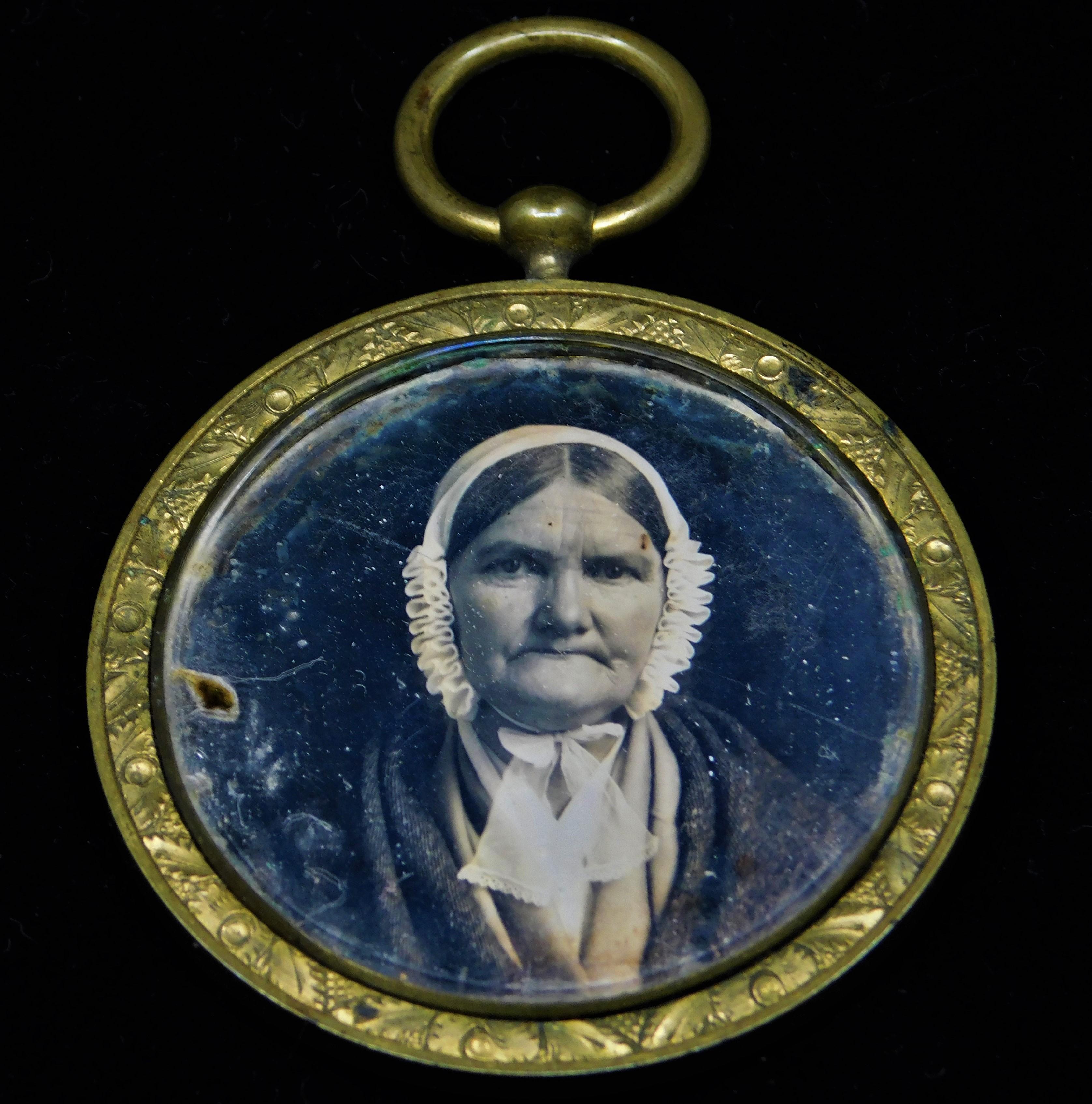 Exceptional early Victorian daguerreotype image of an older woman. Dating to the 1840s. Daguerreotypes offer the best image quality almost haunting. The image is housed in a pocket watch case original to it’s manufacture. would have been worn on a