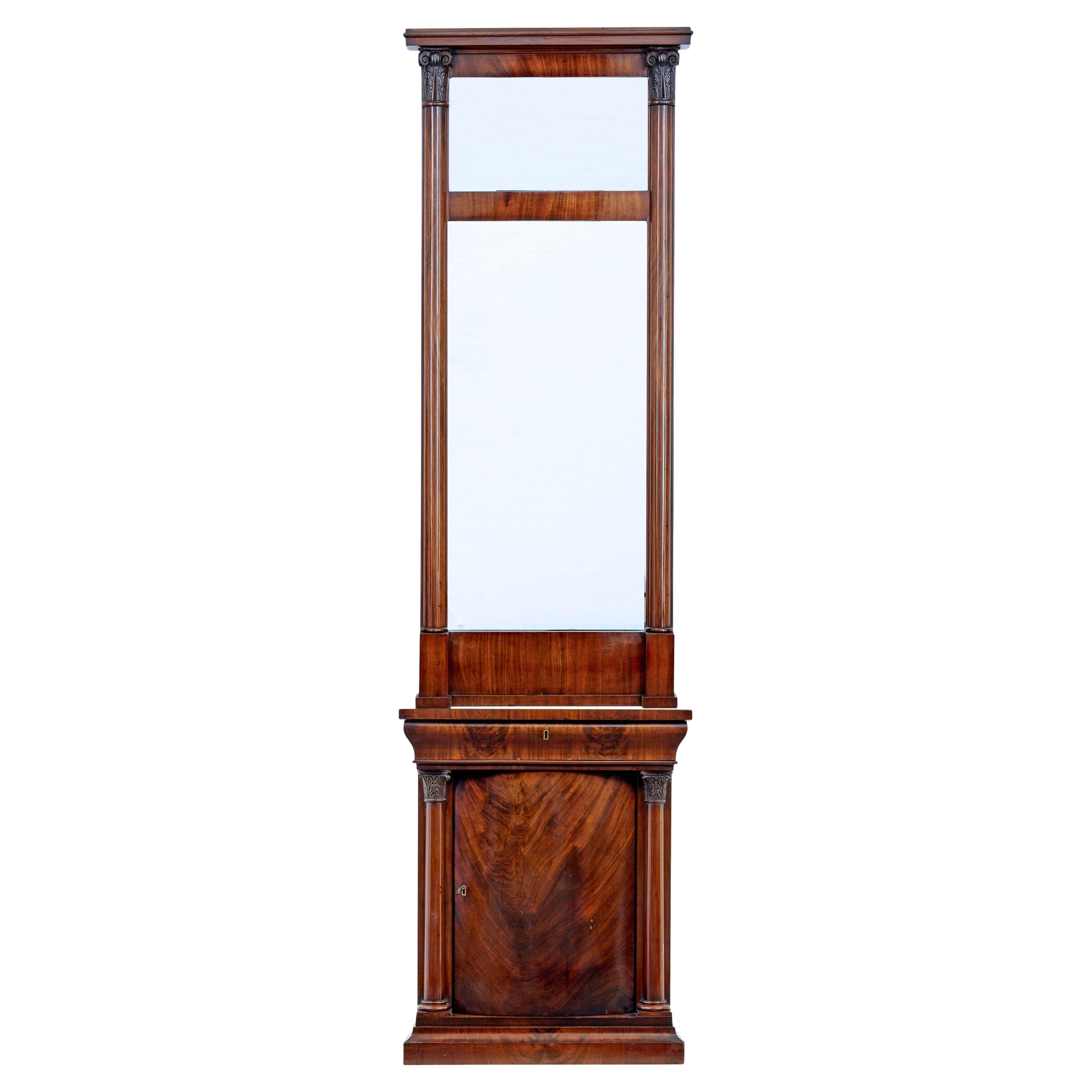 Mid 19th century Danish empire mahogany mirror on cabinet