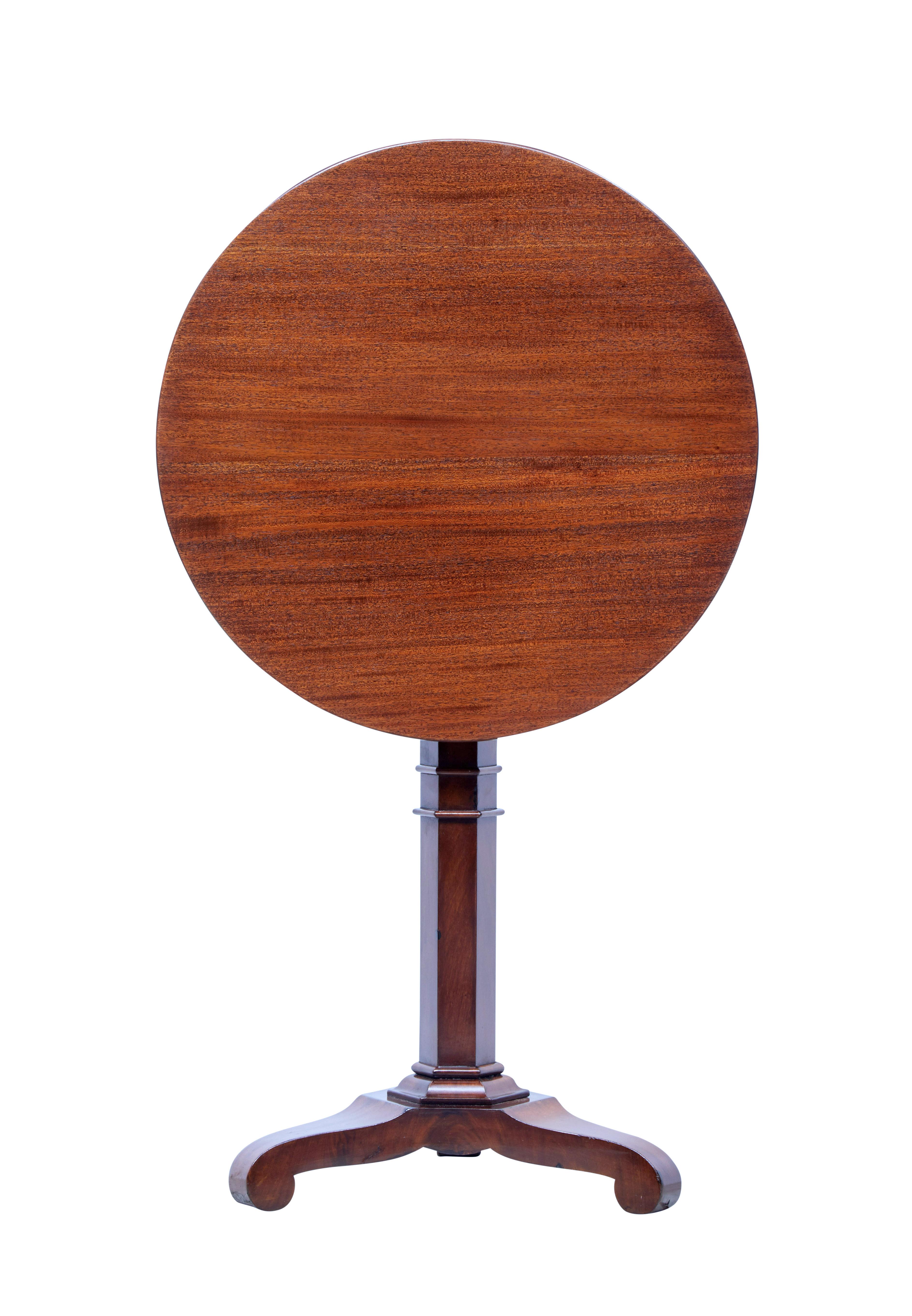 Elegant round Danish mahogany occasional table, circa 1850.

Re-polished circular top, tilting top which is secured by peg. Supported by hexagonal stem and standing on triform base with scrolled feet.

Minor surface marks.