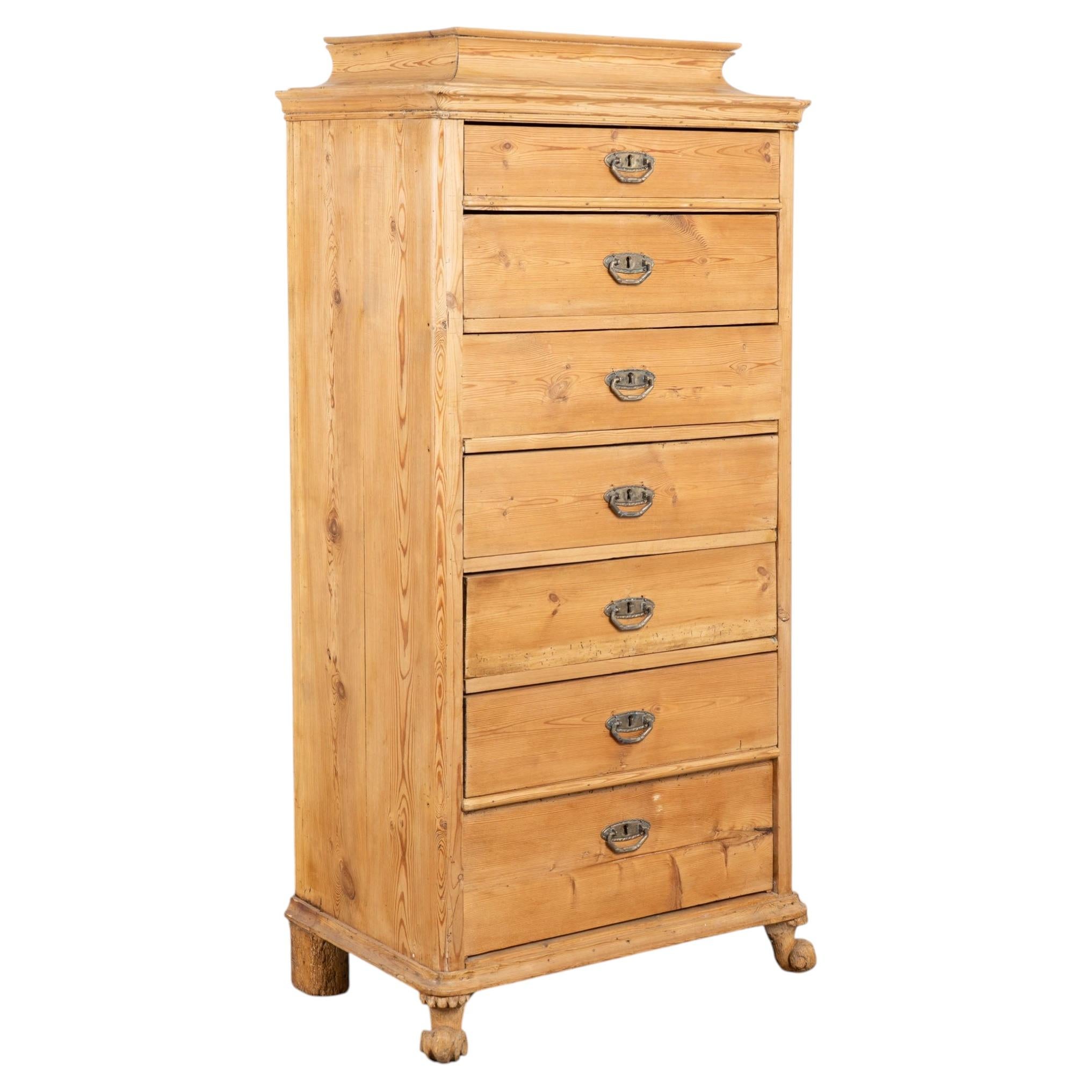Mid 19th Century Danish Pine Highboy Chest of Seven Drawers