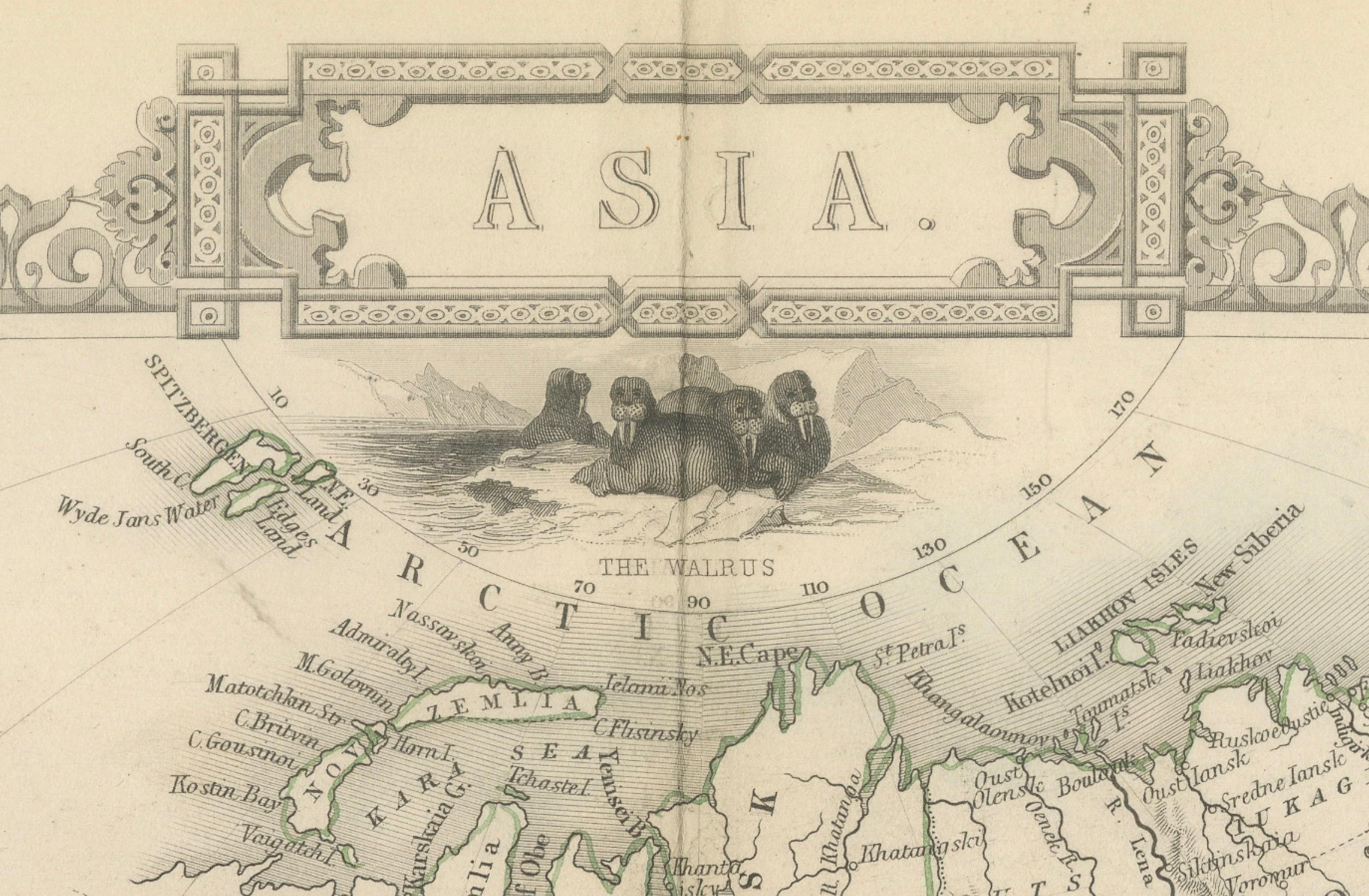 John Tallis & Company, bekannt für ihre dekorativen Karten aus der Mitte des 19. Jahrhunderts, schuf diese Karte von Asien. Diese Karten zeichneten sich durch ihre kunstvollen Ränder und detaillierten Vignetten aus. Sie enthielten oft Szenen, die