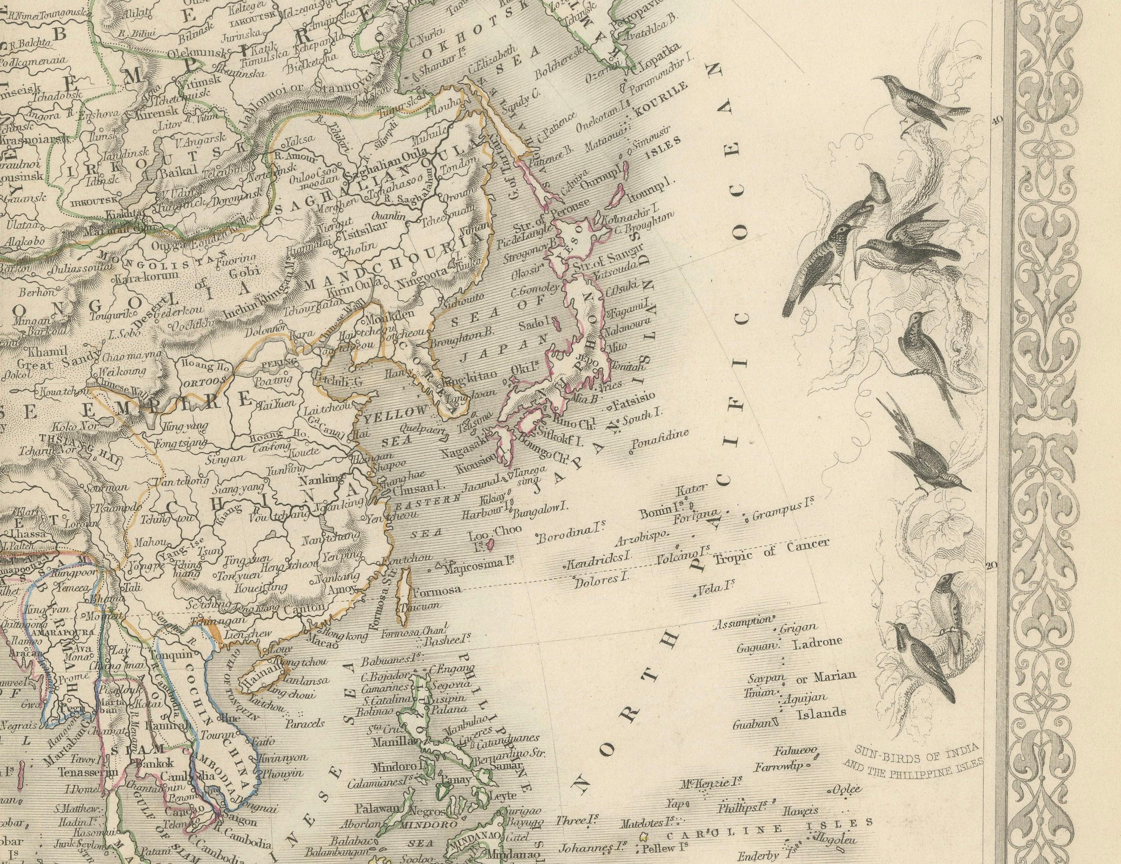 Carte décorative d'Asie du milieu du XIXe siècle avec vignettes culturelles et naturelles Bon état - En vente à Langweer, NL