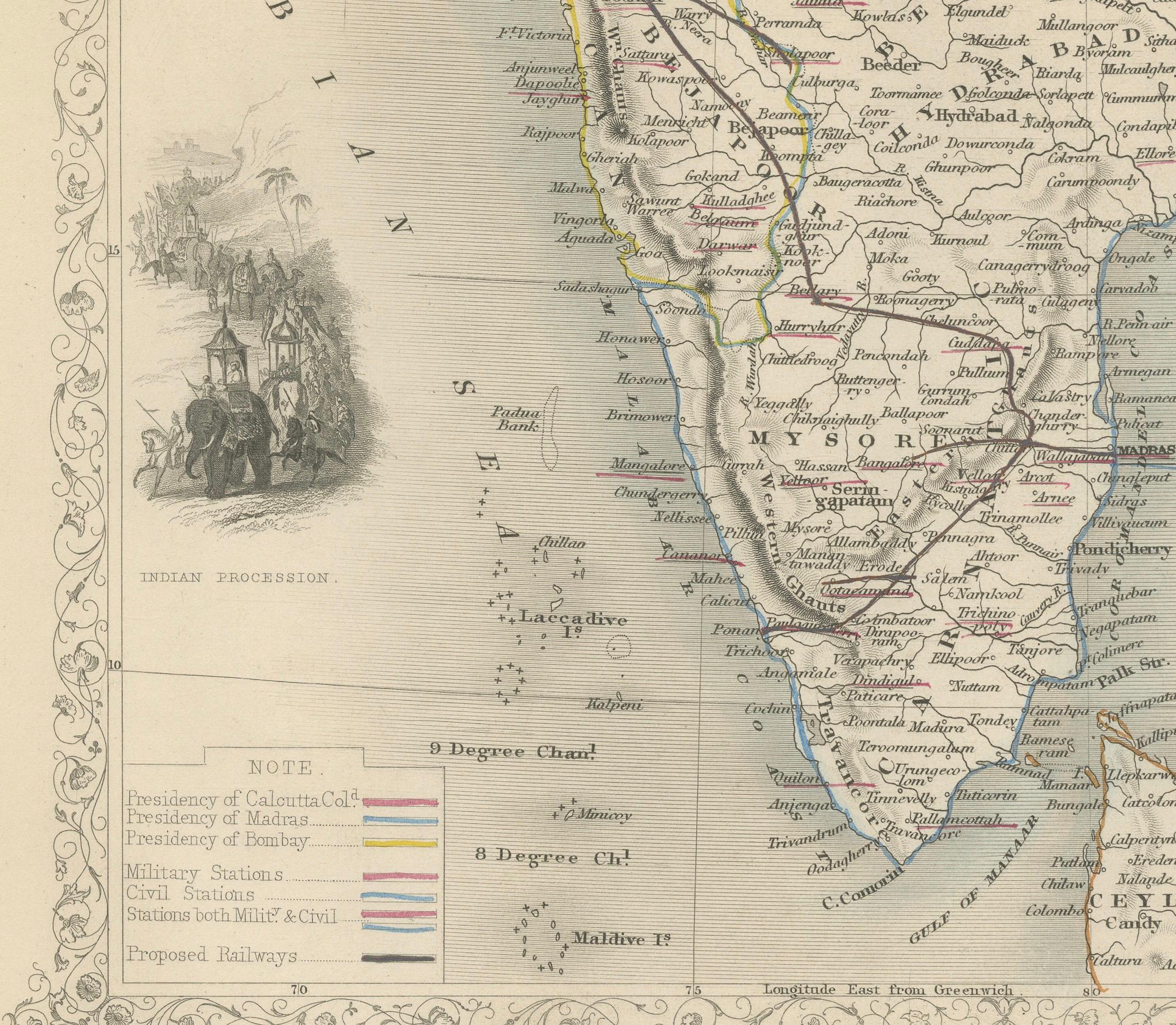 Dekorative Karte Indiens aus der Mitte des 19. Jahrhunderts mit kulturellen und natürlichen Vignetten im Zustand „Gut“ im Angebot in Langweer, NL