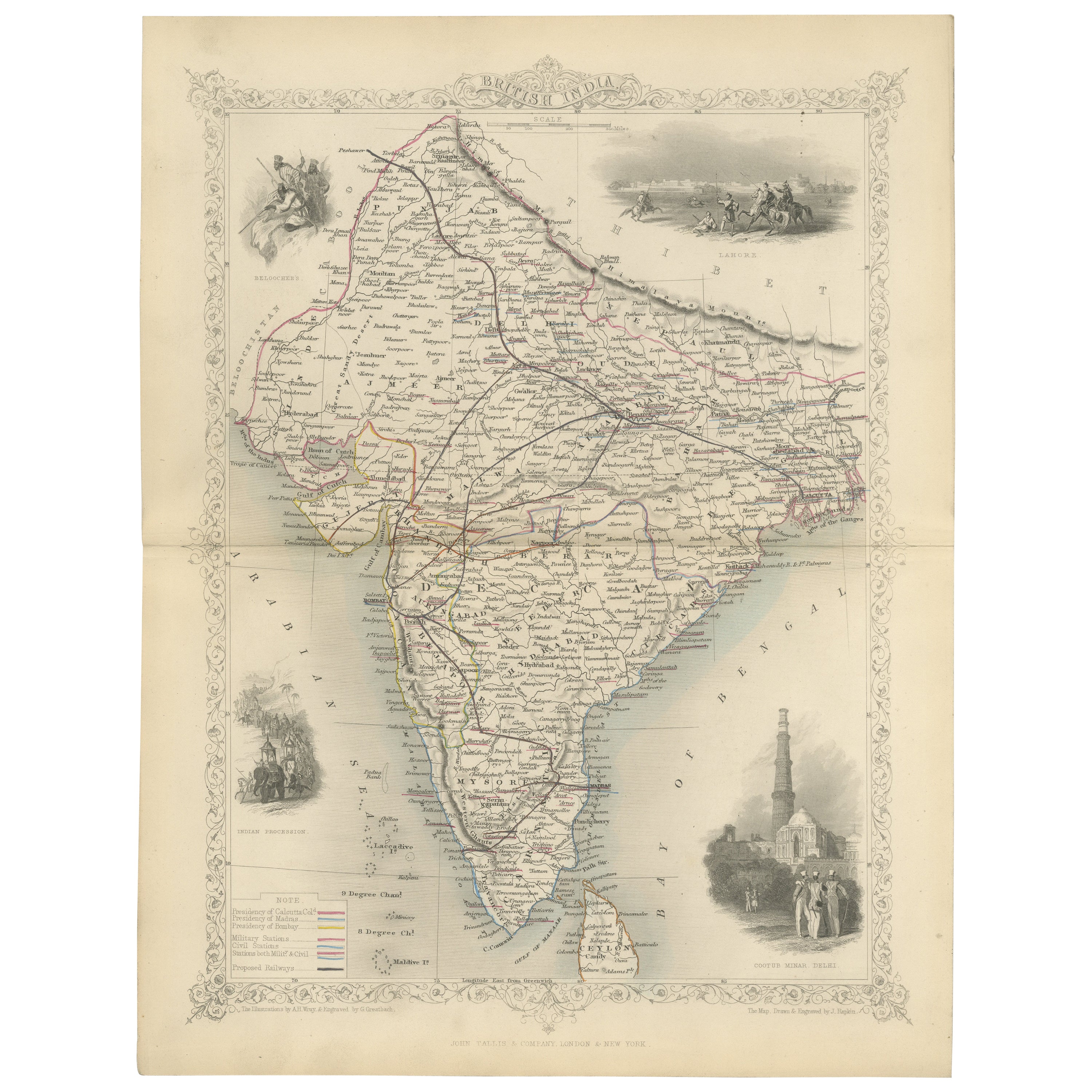 Mappa decorativa dell'India della metà del XIX secolo con vignette culturali e Nature in vendita