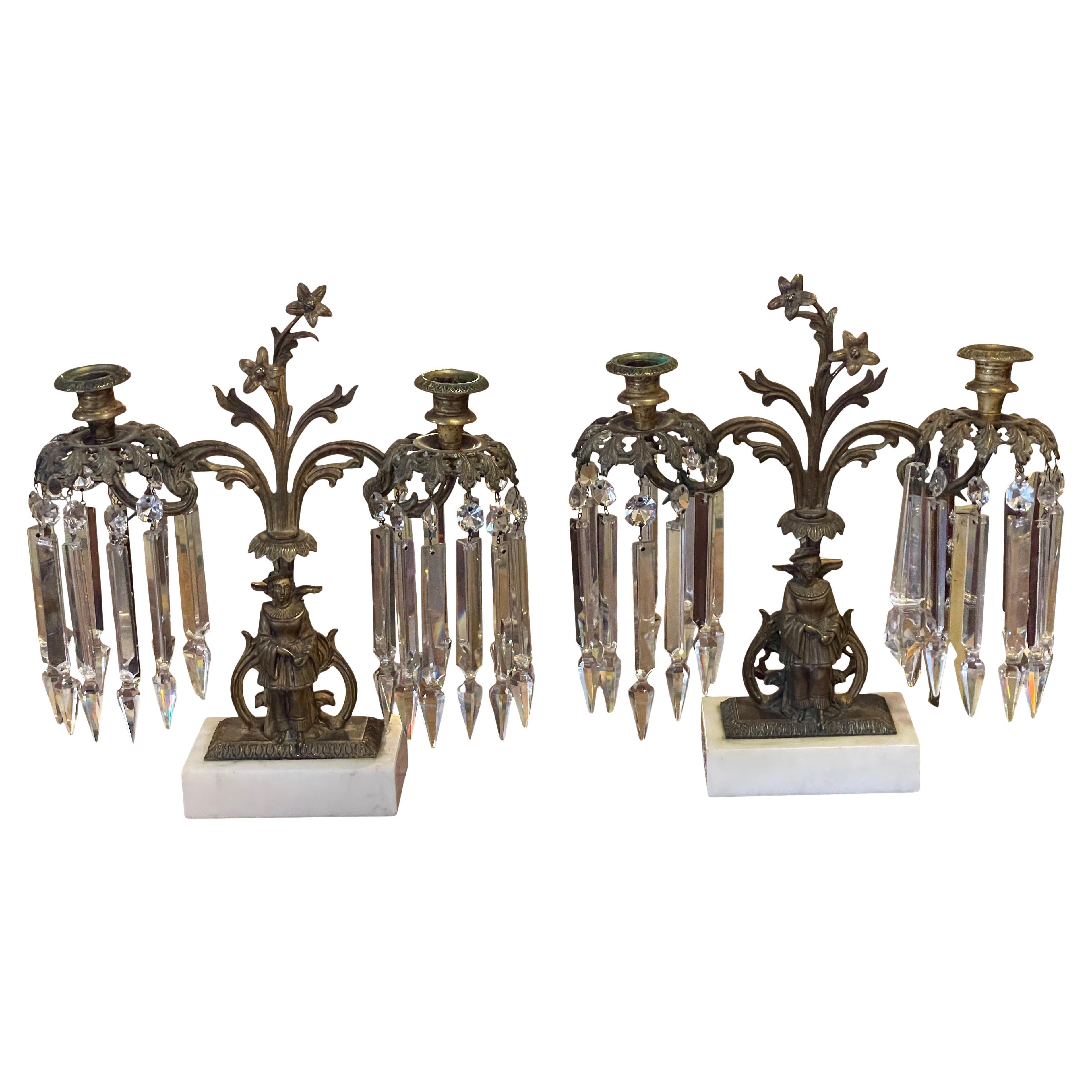 Paire de candélabres hollandais en bronze et cristal du milieu du 19e siècle