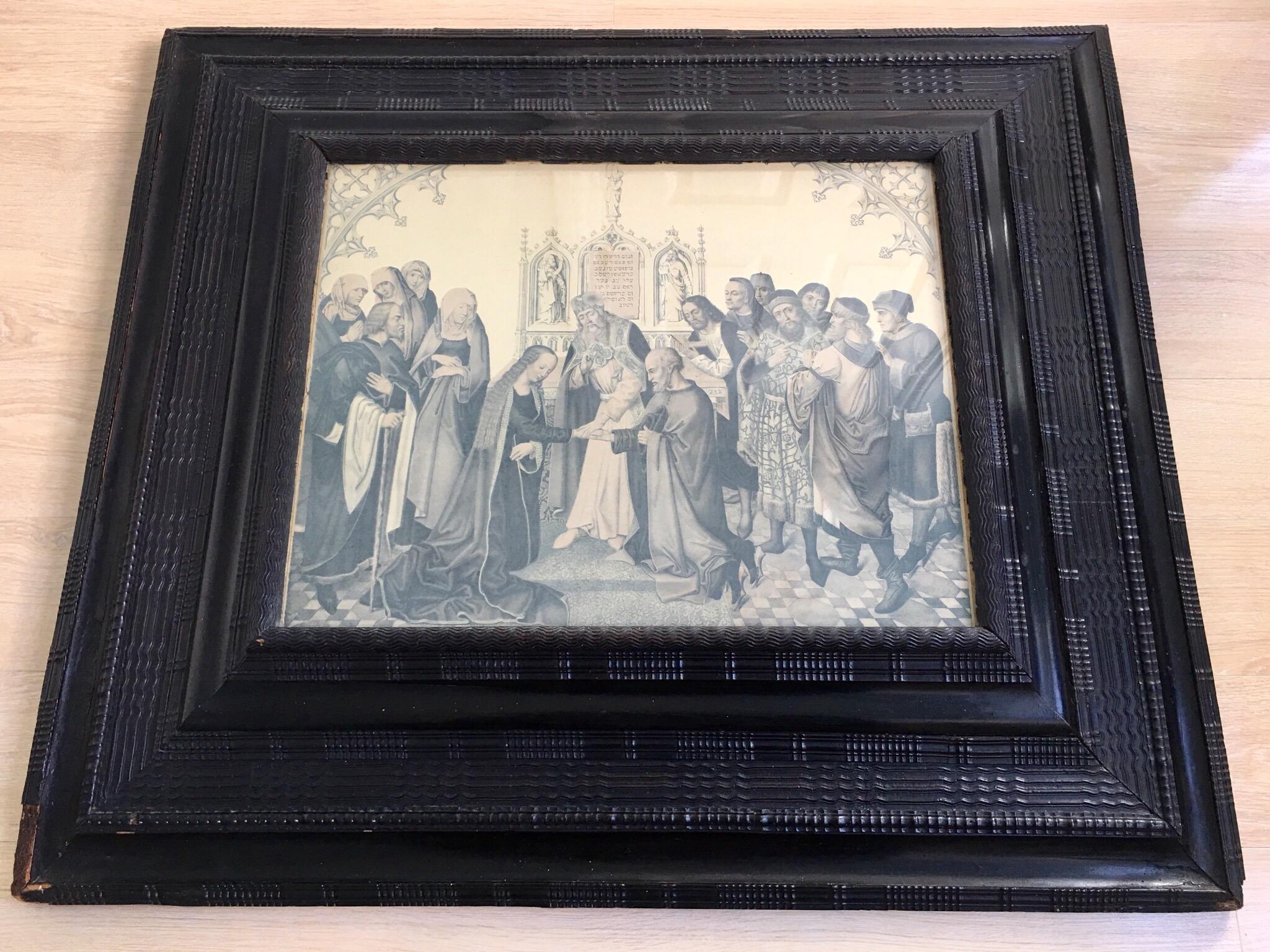 A very large example of a low countries, probably Dutch, ebonised ripple moulded picture frame. It contains a period print by Hans Memling. This could be replaced with a period mercury mirror. These frames were very popular around the 1720`s and on