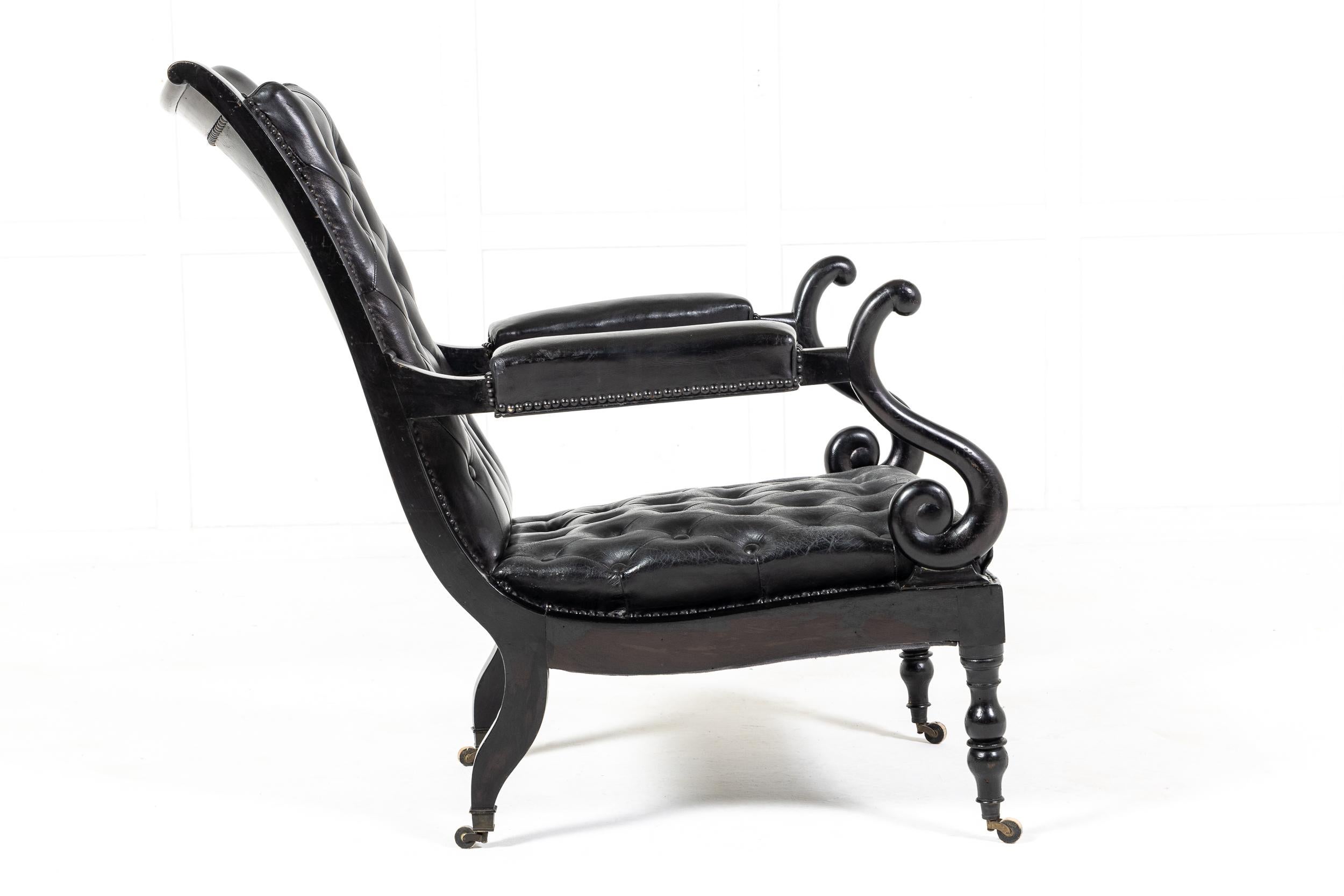 Mid 19th Century Ebonised and Leather Library Armchair For Sale 1