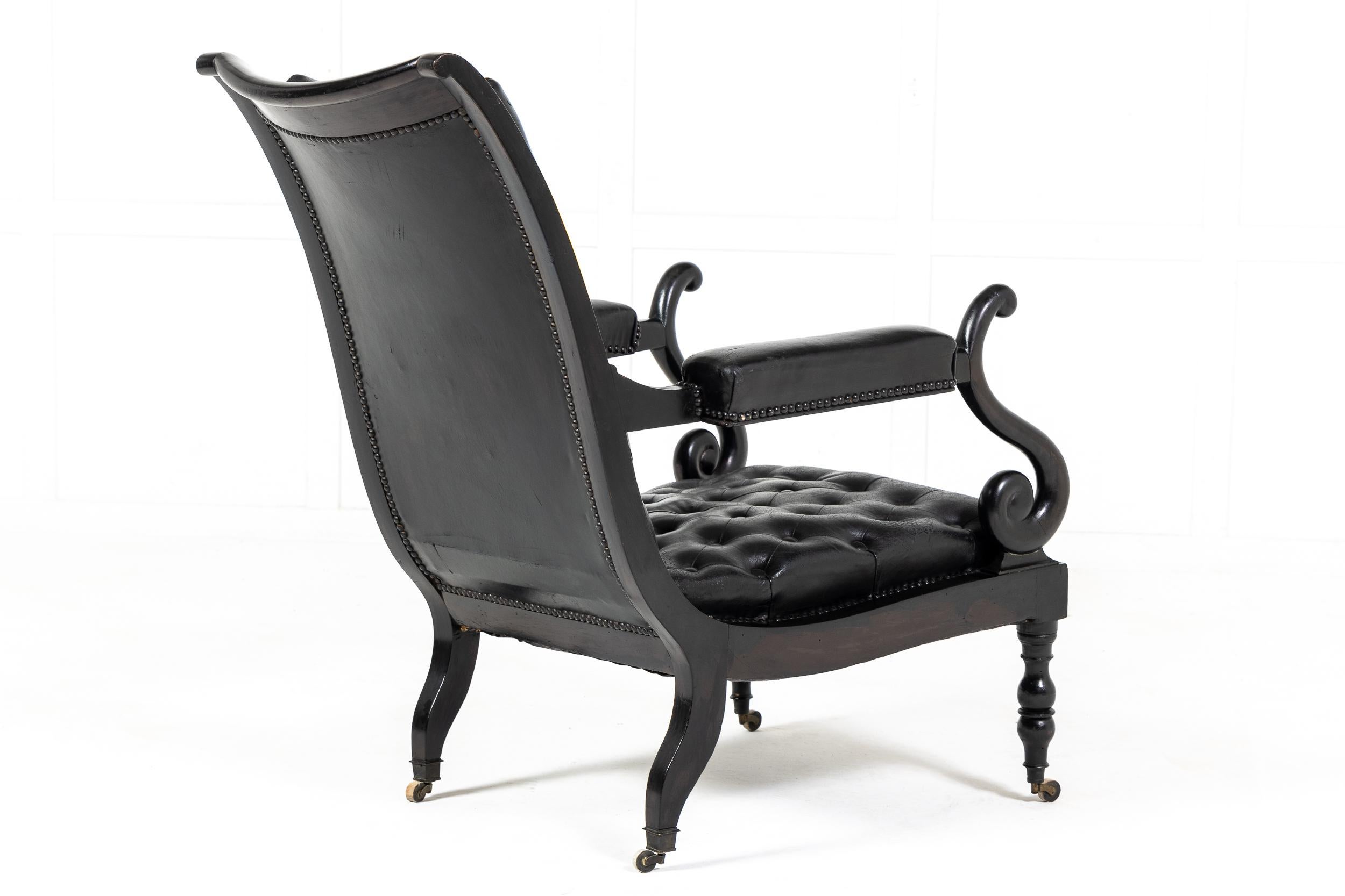 Mid 19th Century Ebonised and Leather Library Armchair For Sale 3