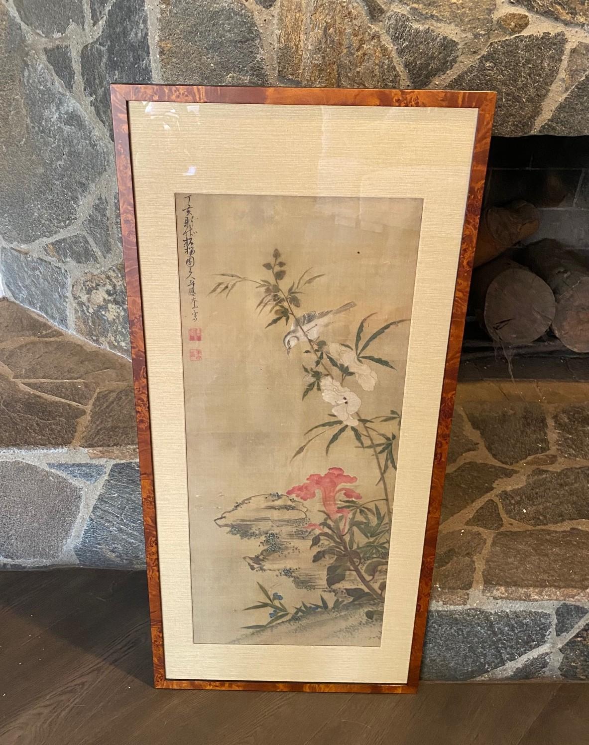 A beautiful Japanese Asian Edo Period (1603-1868) Nagasaki School/ Nanpin School nature landscape scene painting featuring a playful bird and colorful spring flowers in full bloom.   The gorgeous detail and vivid colors make this a special