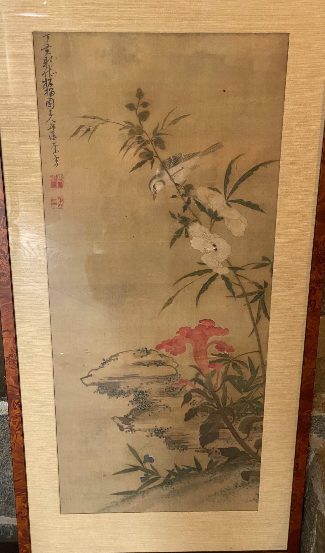 Hand-Painted Japanese Asian Edo Nagasaki School Nanpin Nature Floral Flower Bird Painting For Sale
