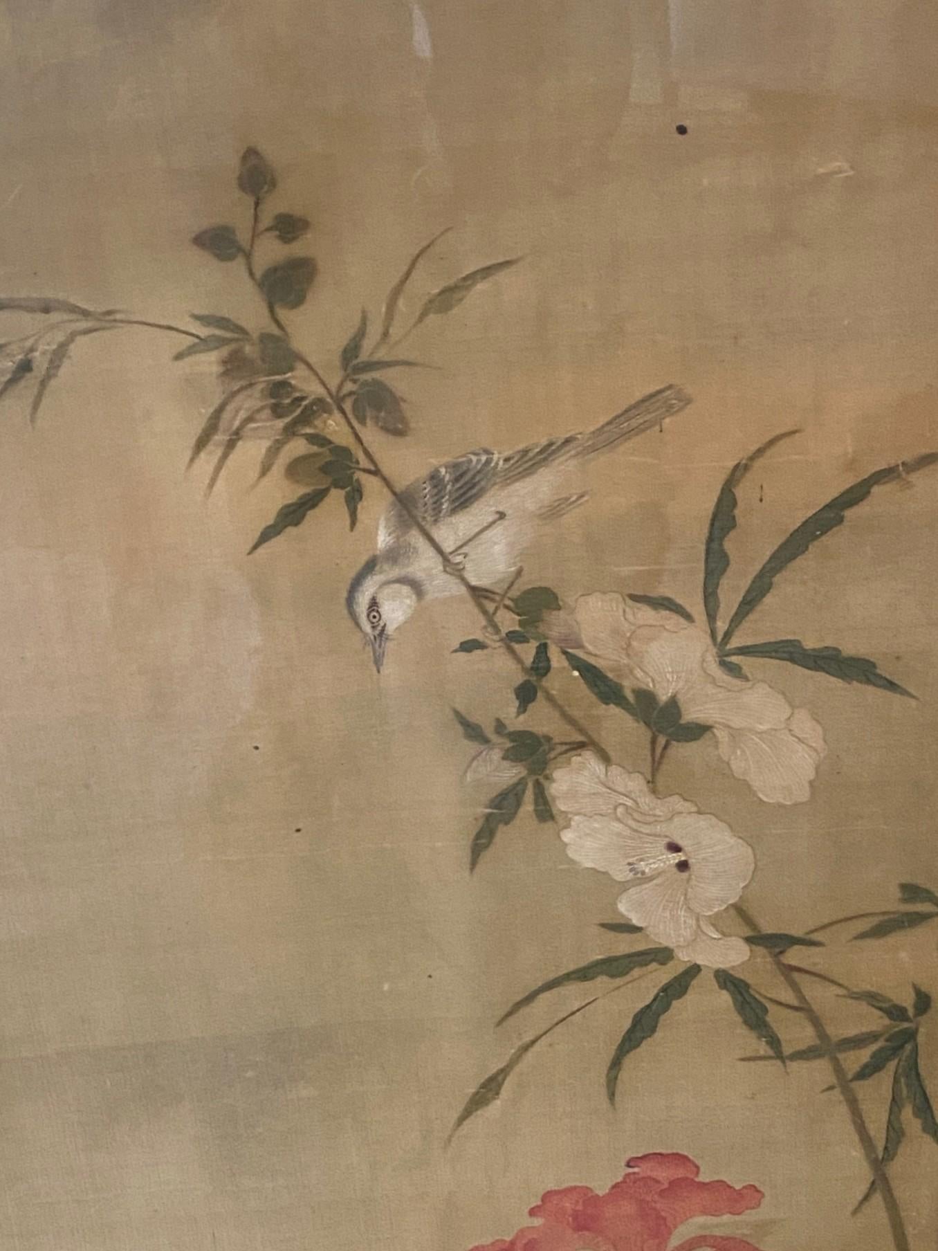 Japanese Asian Edo Nagasaki School Nanpin Nature Floral Flower Bird Painting In Good Condition For Sale In Studio City, CA