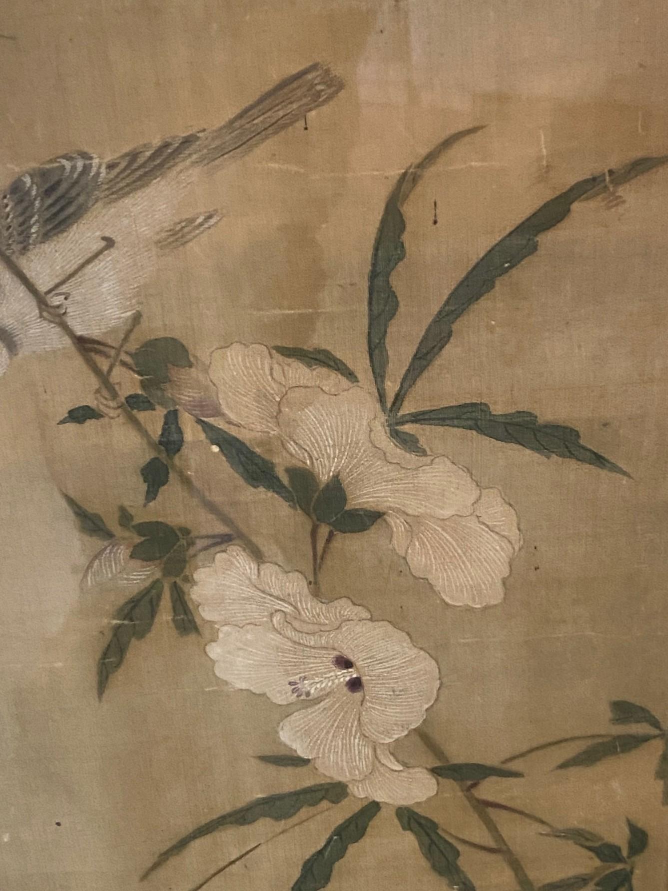 Silk Japanese Asian Edo Nagasaki School Nanpin Nature Floral Flower Bird Painting For Sale
