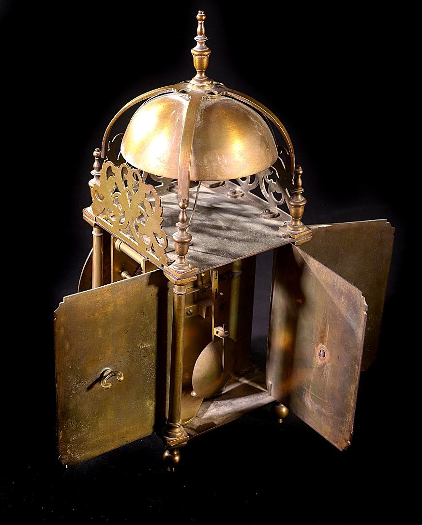 Brass Mid-19th Century Eight Day Lantern Clock with a Double Fusee Striking Movement For Sale