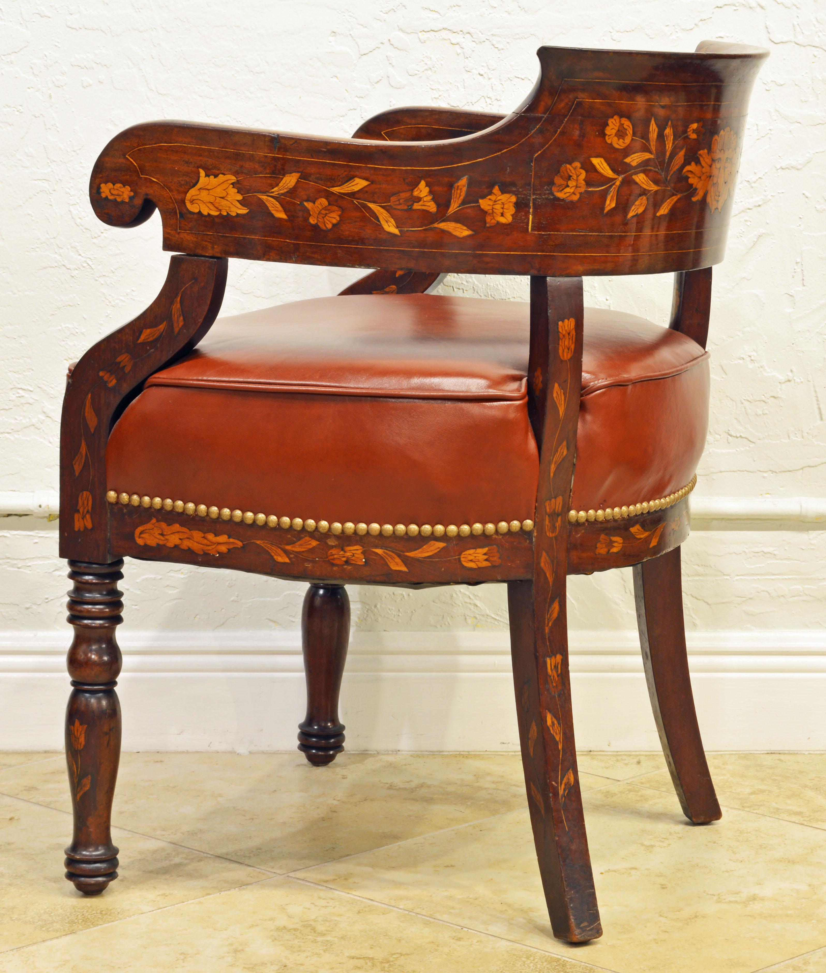 Inlay Mid-19th Century Elaborately Inlaid Dutch Colonial Leather Covered Armchair