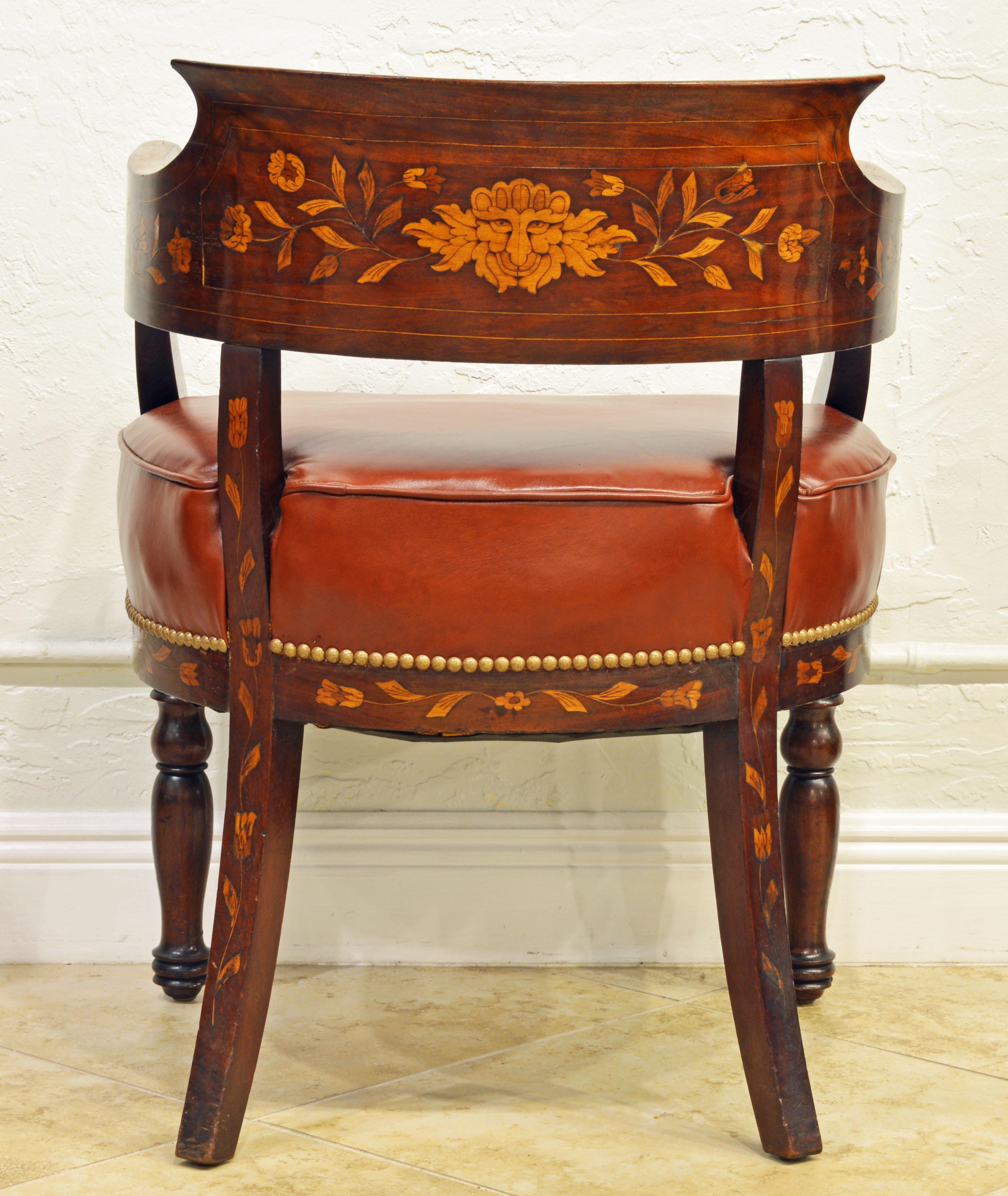 Mid-19th Century Elaborately Inlaid Dutch Colonial Leather Covered Armchair In Good Condition In Ft. Lauderdale, FL