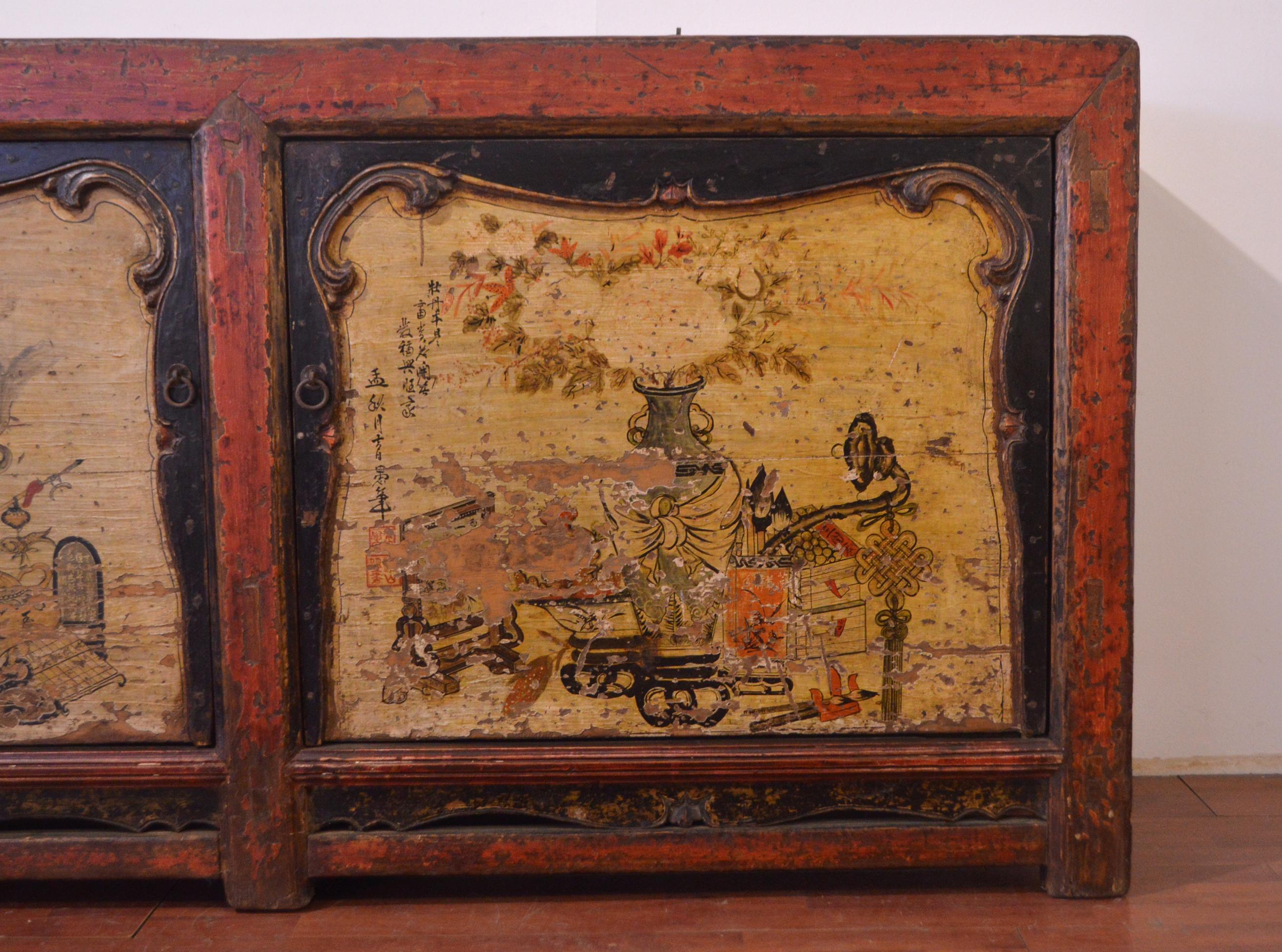 Ming Mid-19th Century Elm Chinese Buffet Hand-Painted For Sale