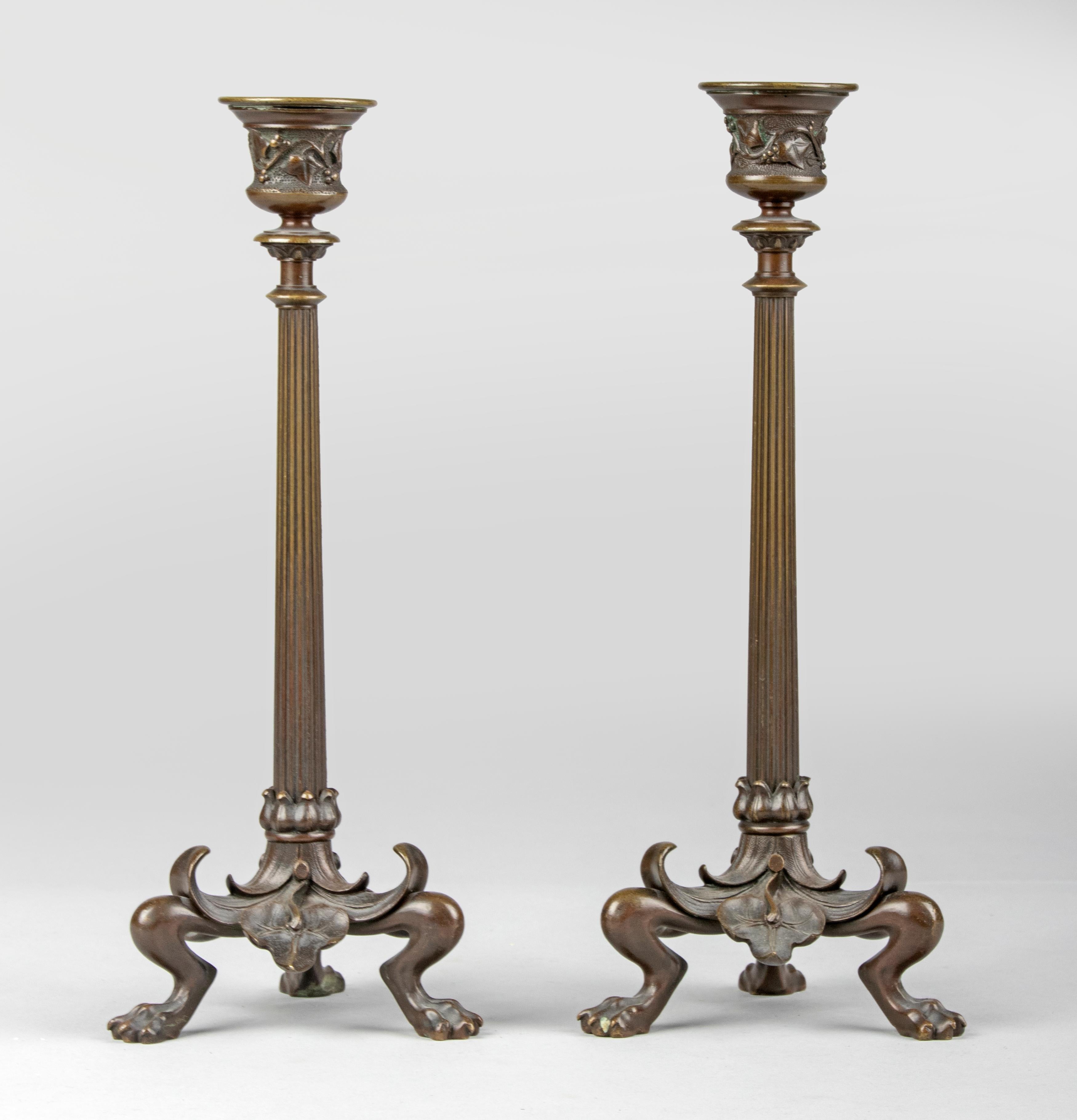 French Mid 19th Century Empire Style Bronze Patinated Candleholders For Sale