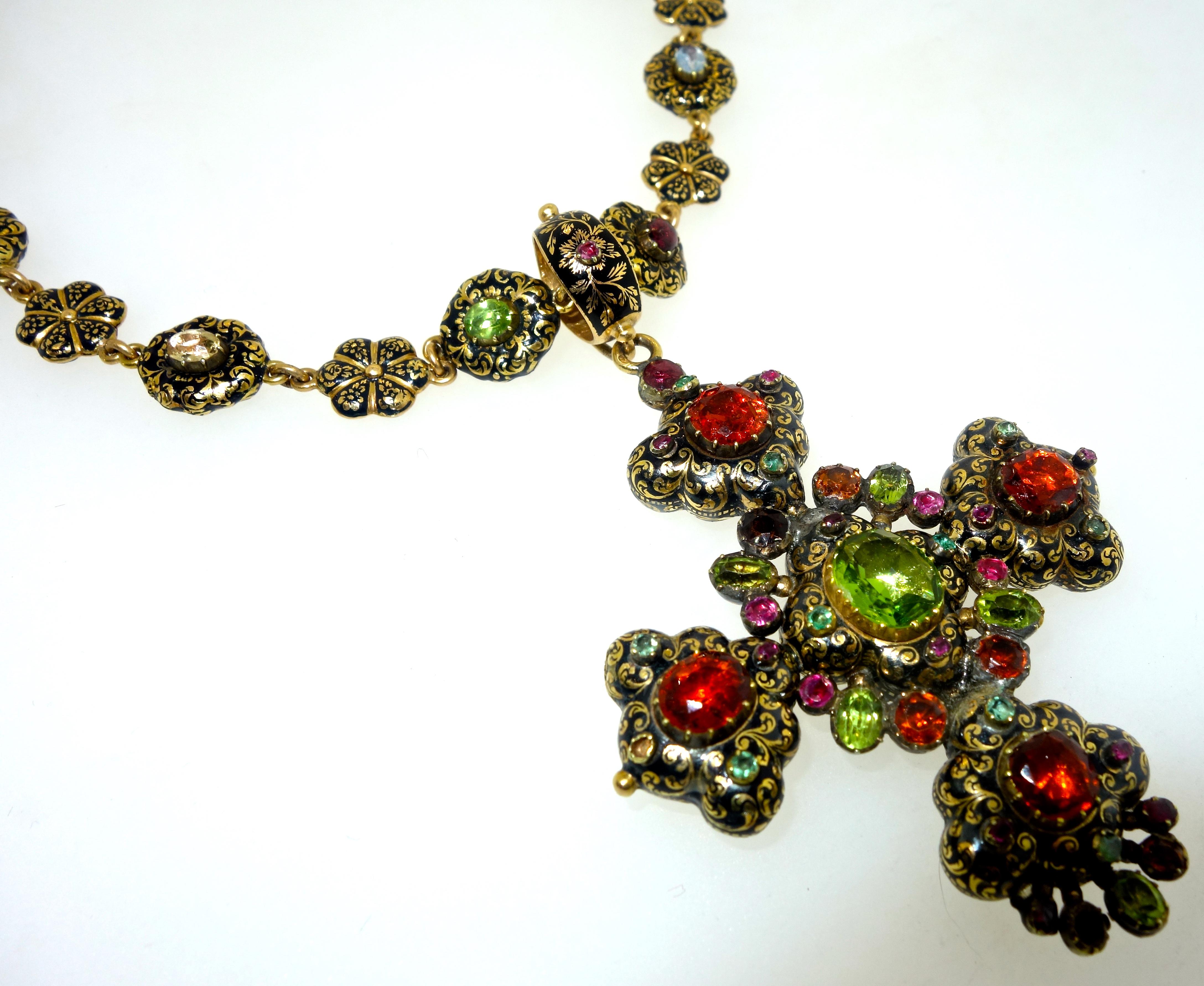 Victorian Mid-19th Century Enamel and Multi-Stone Cross and Matching Chain, circa 8500
