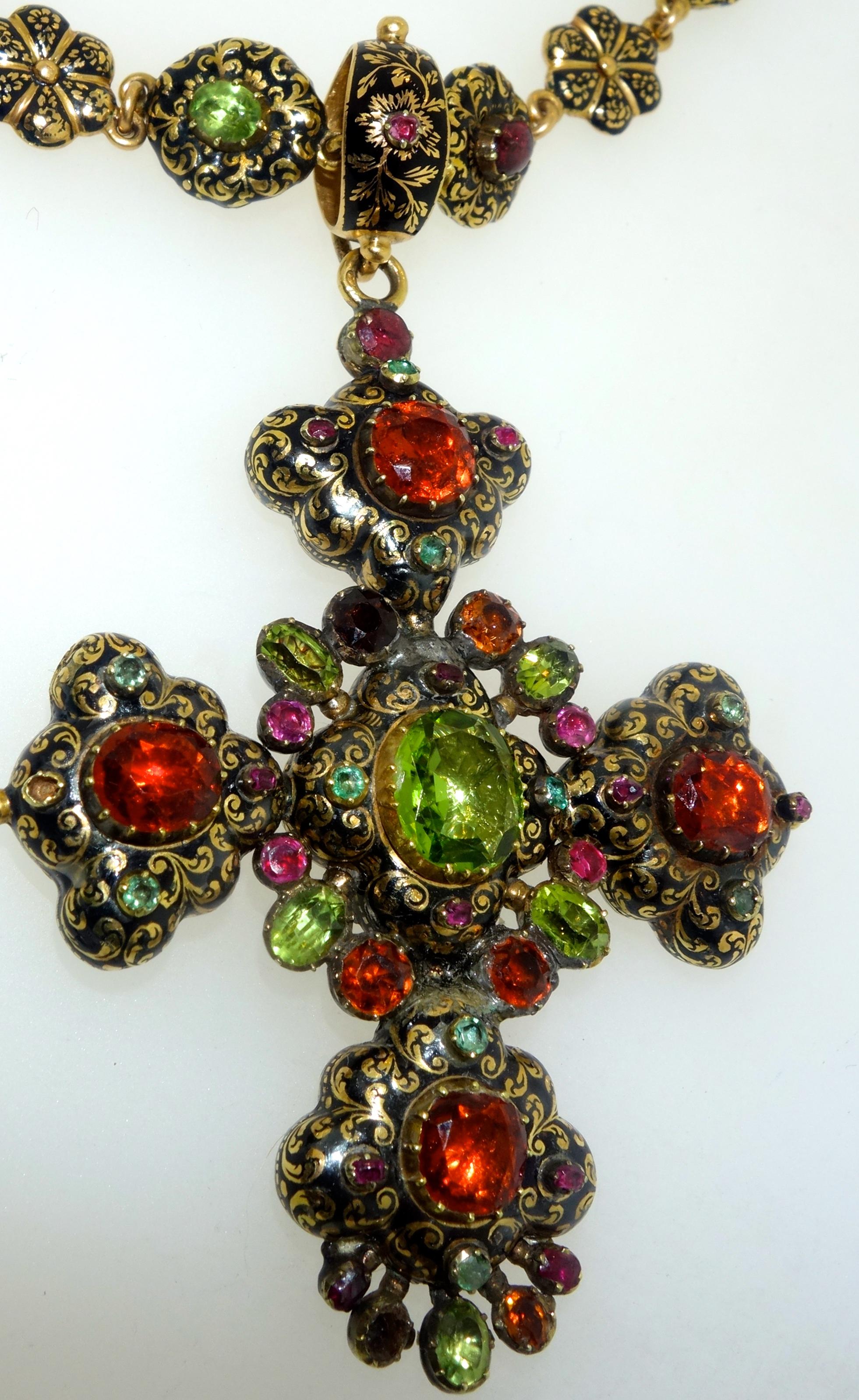 Mid-19th Century Enamel and Multi-Stone Cross and Matching Chain, circa 8500 In Good Condition In Aspen, CO