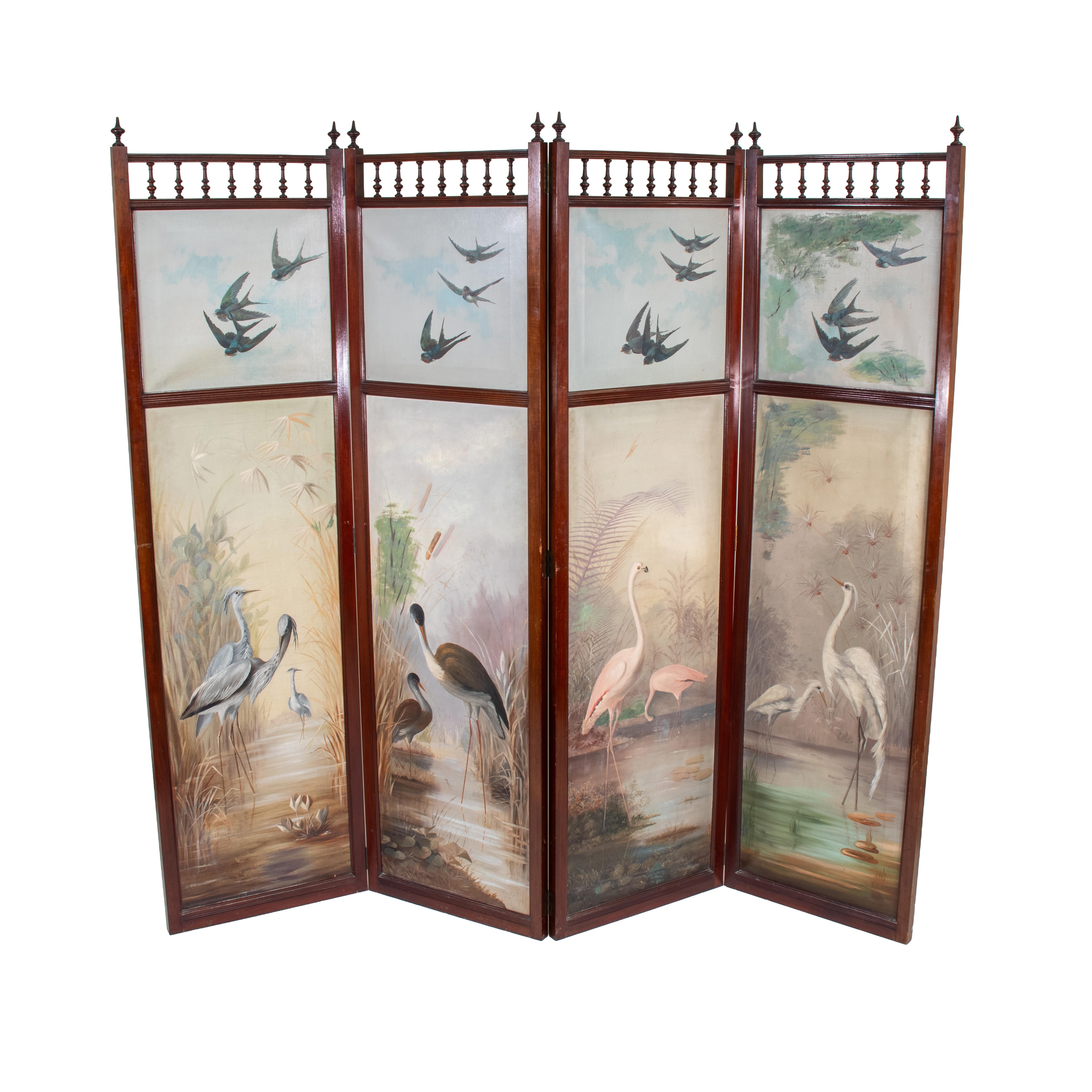 Mid-19th Century English Aesthetic Movement Four Panel Screen of Birds Paintings For Sale