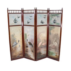 Mid-19th Century English Aesthetic Movement Four Panel Screen of Birds Paintings