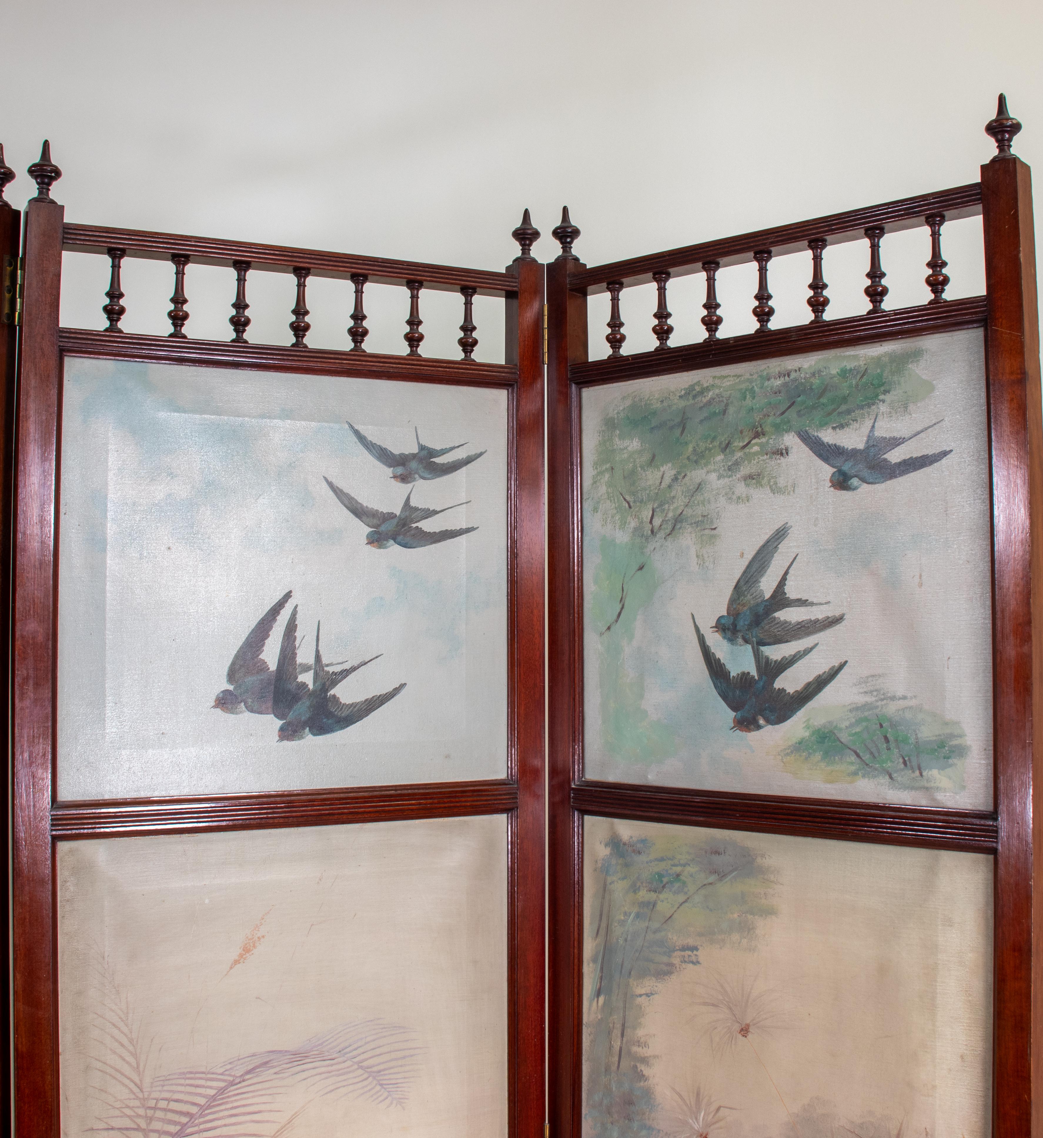 Hand-Painted Mid-19th Century English Aesthetic Movement Four Panel Screen of Birds Paintings For Sale