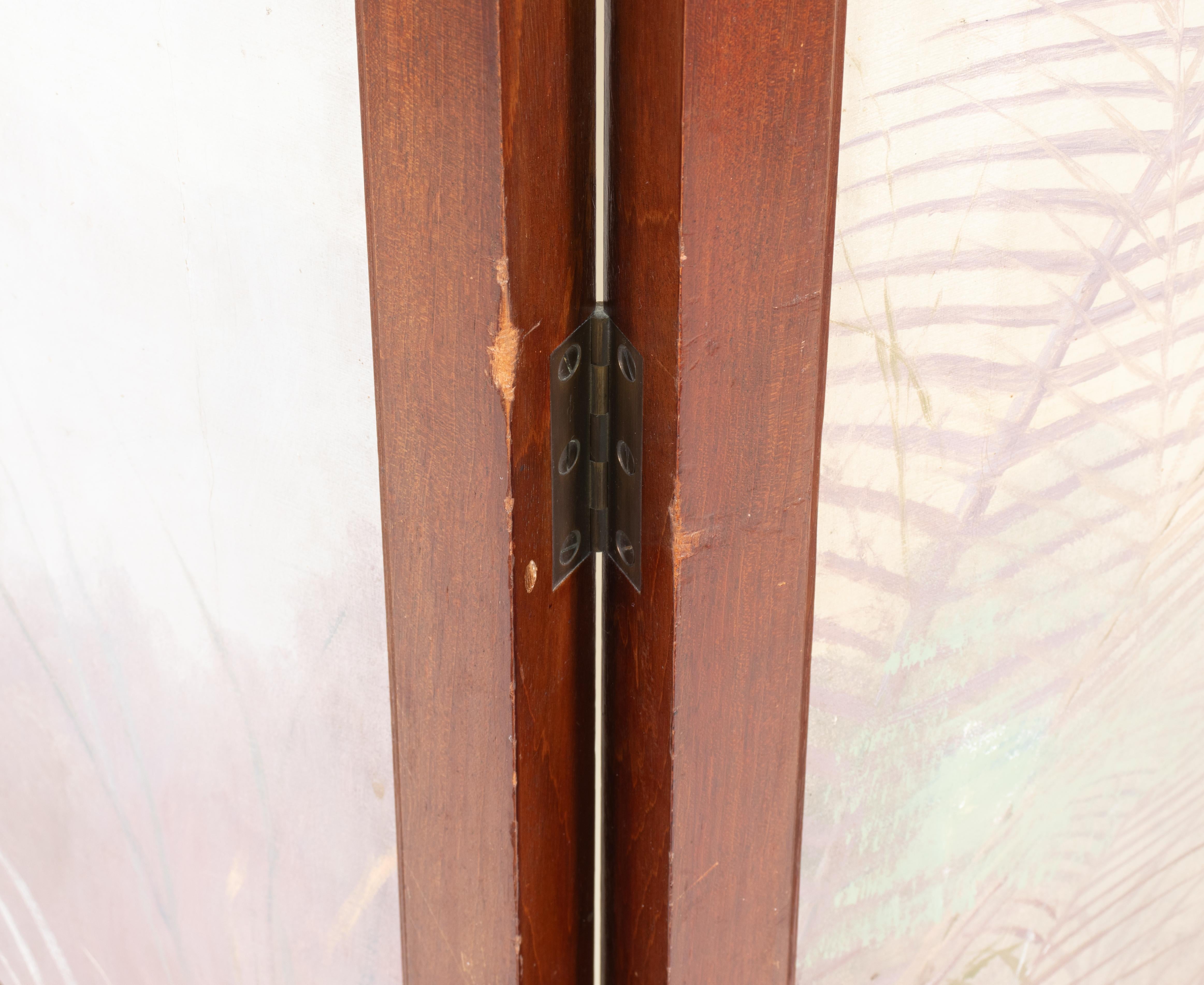 Mid-19th Century English Aesthetic Movement Four Panel Screen of Birds Paintings For Sale 1
