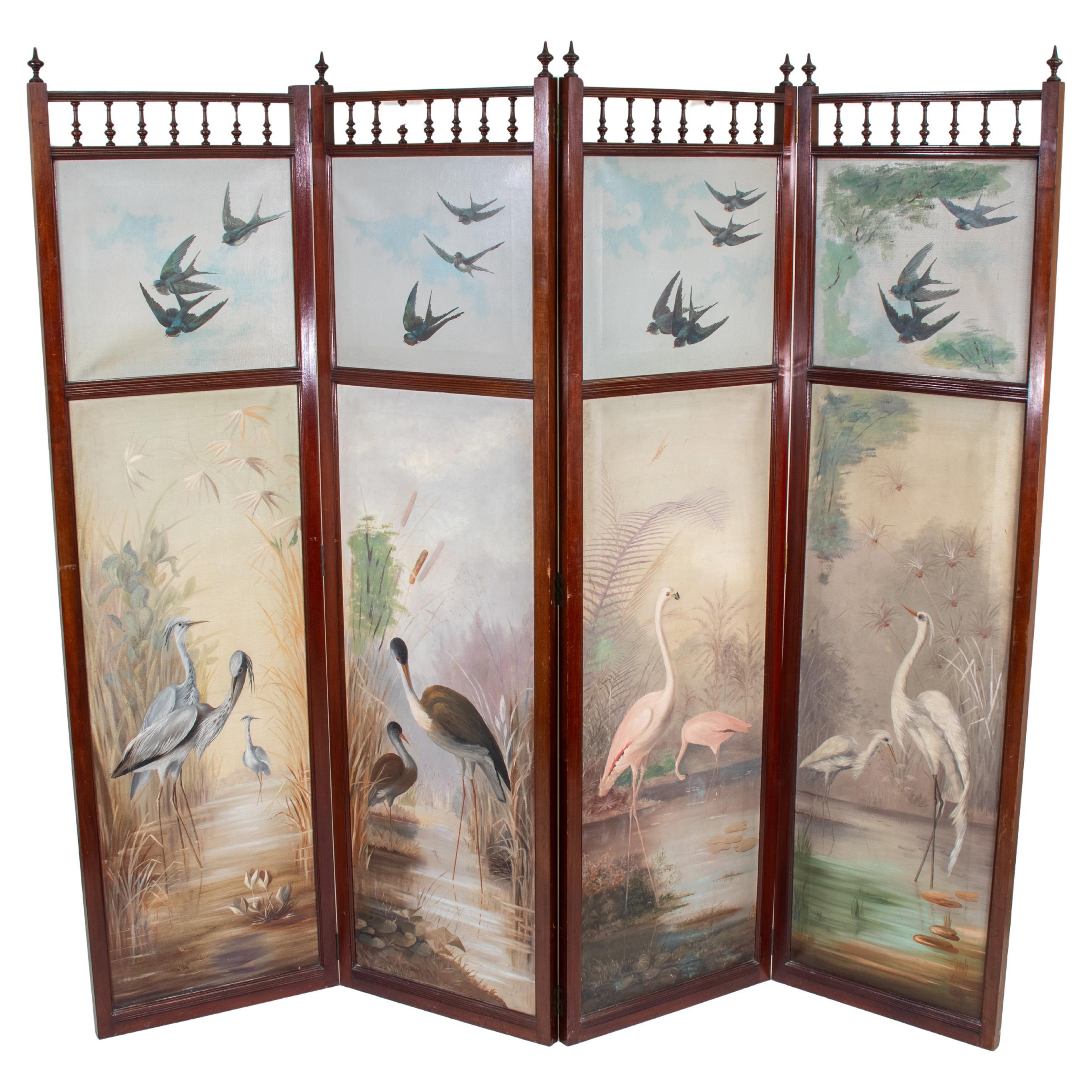 Mid-19th Century English Aesthetic Movement Four Panel Screen of Birds Paintings For Sale