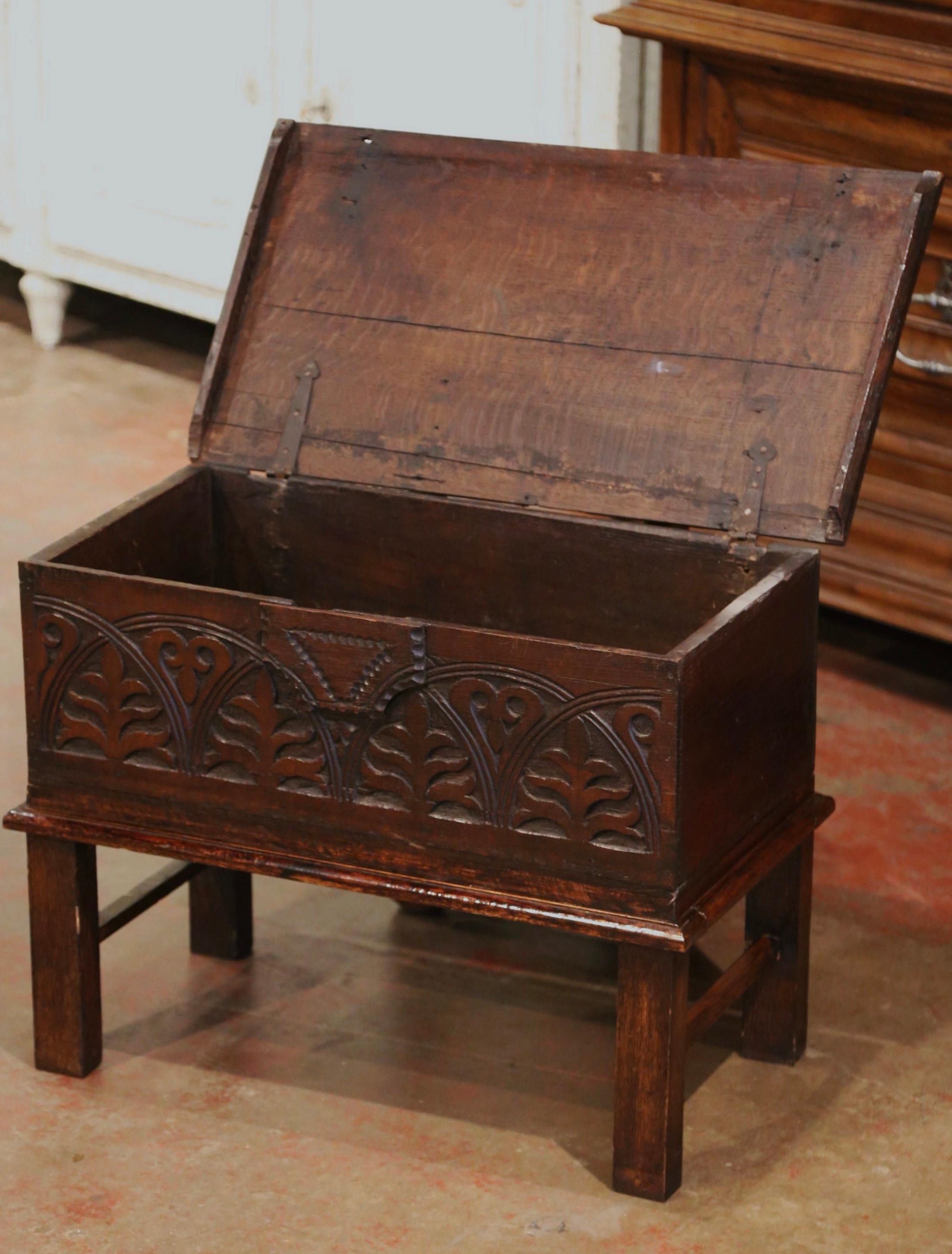 Louis XIII Mid-19th Century English Carved Oak Bible Box Trunk Side Table on Stand