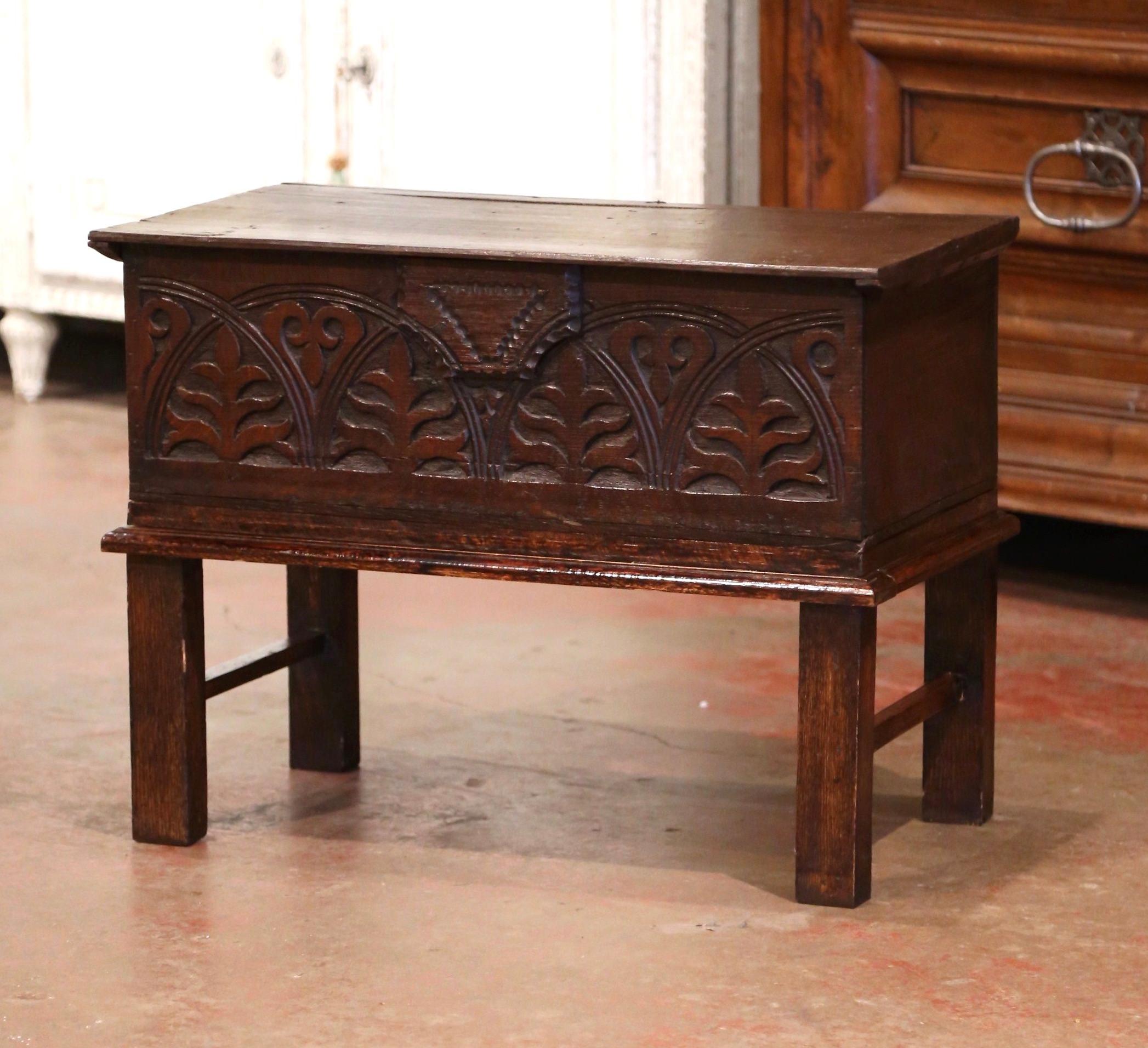 Hand-Carved Mid-19th Century English Carved Oak Bible Box Trunk Side Table on Stand