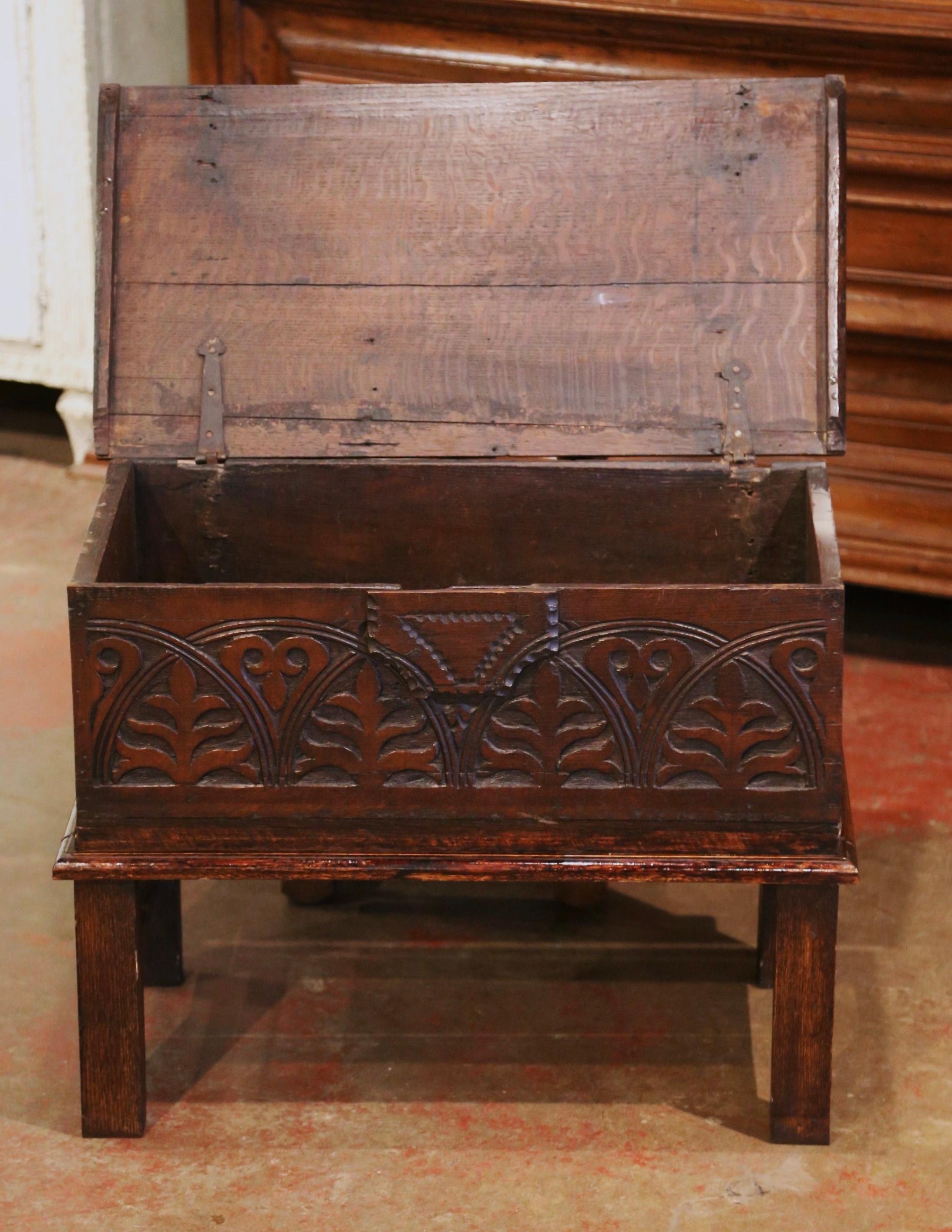 Mid-19th Century English Carved Oak Bible Box Trunk Side Table on Stand 1