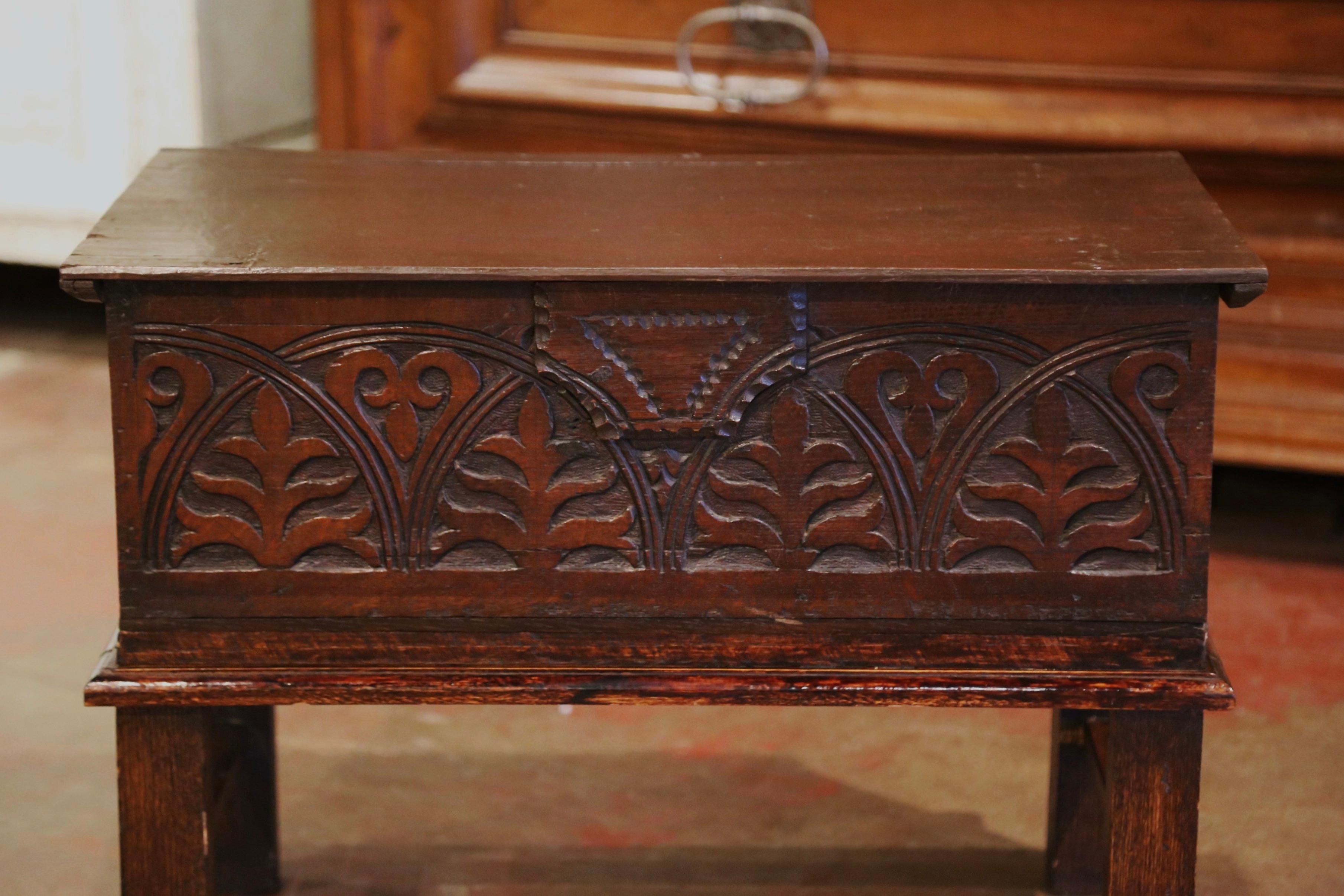Mid-19th Century English Carved Oak Bible Box Trunk Side Table on Stand 3