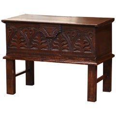 Mid-19th Century English Carved Oak Bible Box Trunk Side Table on Stand
