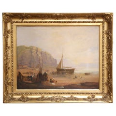 Mid-19th Century English Coastal Fishing Scene Oil Painting in Giltwood Frame