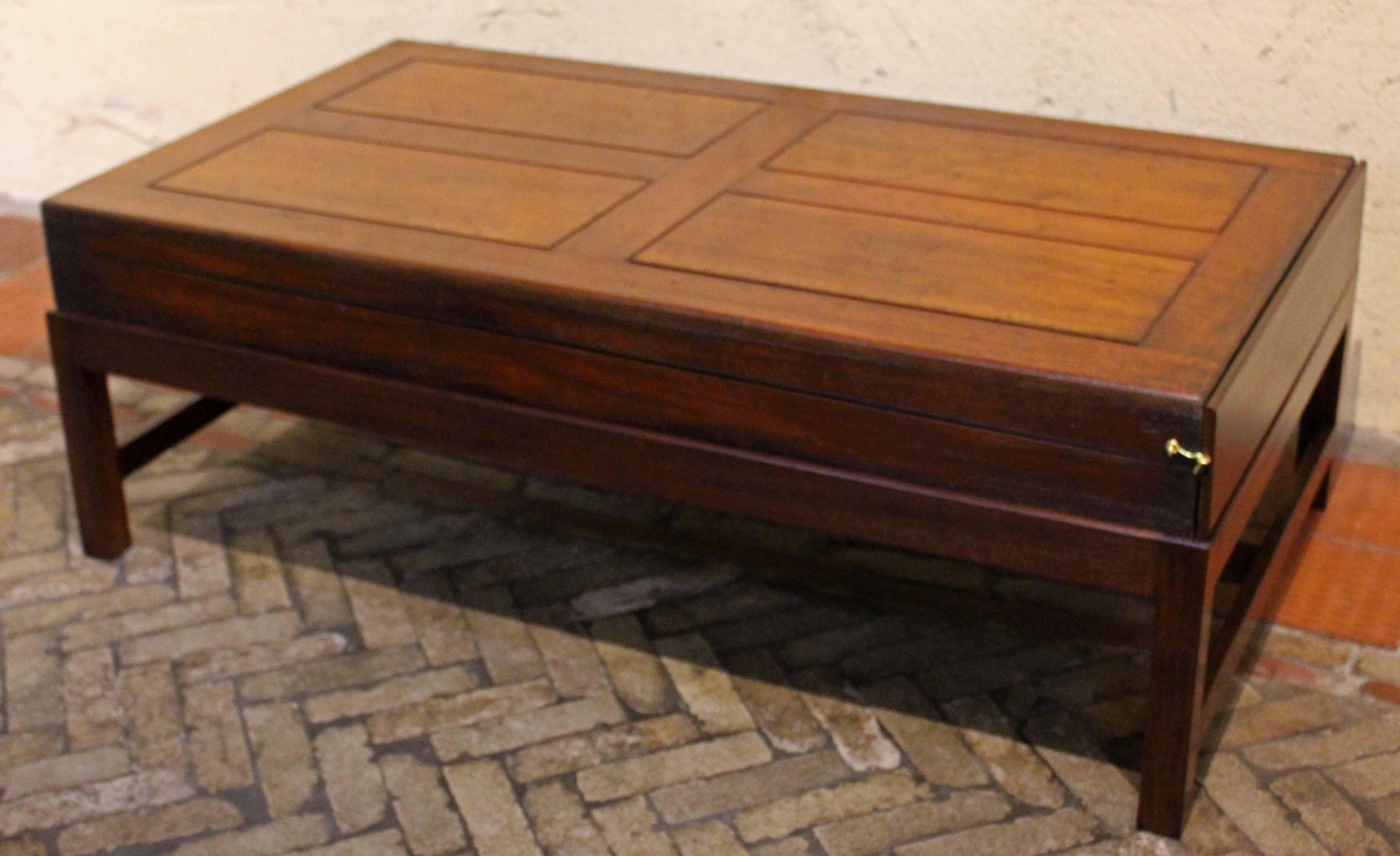 Mid-19th century full size Bagatelle game now on custom coffee table height stand, English. Mahogany with floating panel top construction to alleviate shrinkage splits. Replaced end panel. End hooks lacking. Boxwood & ebony interior double score