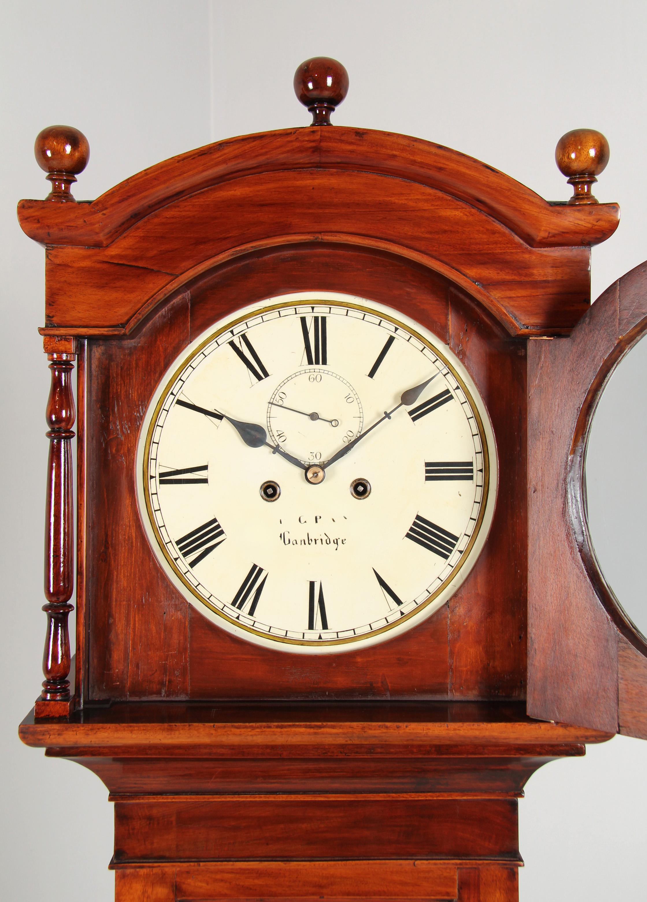 Mahogany Mid 19th Century English Grandfather Clock with Painted Round Dial For Sale
