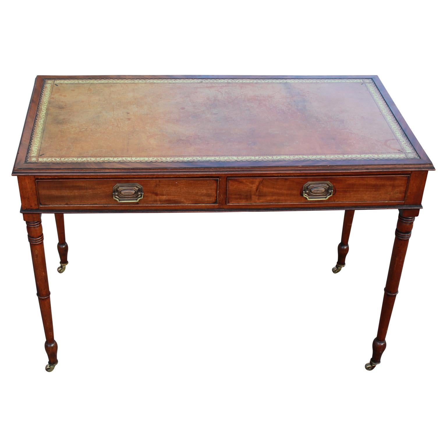 Mid-19th Century English Leather Top Two-Drawer Writing Desk In Good Condition In Houston, TX