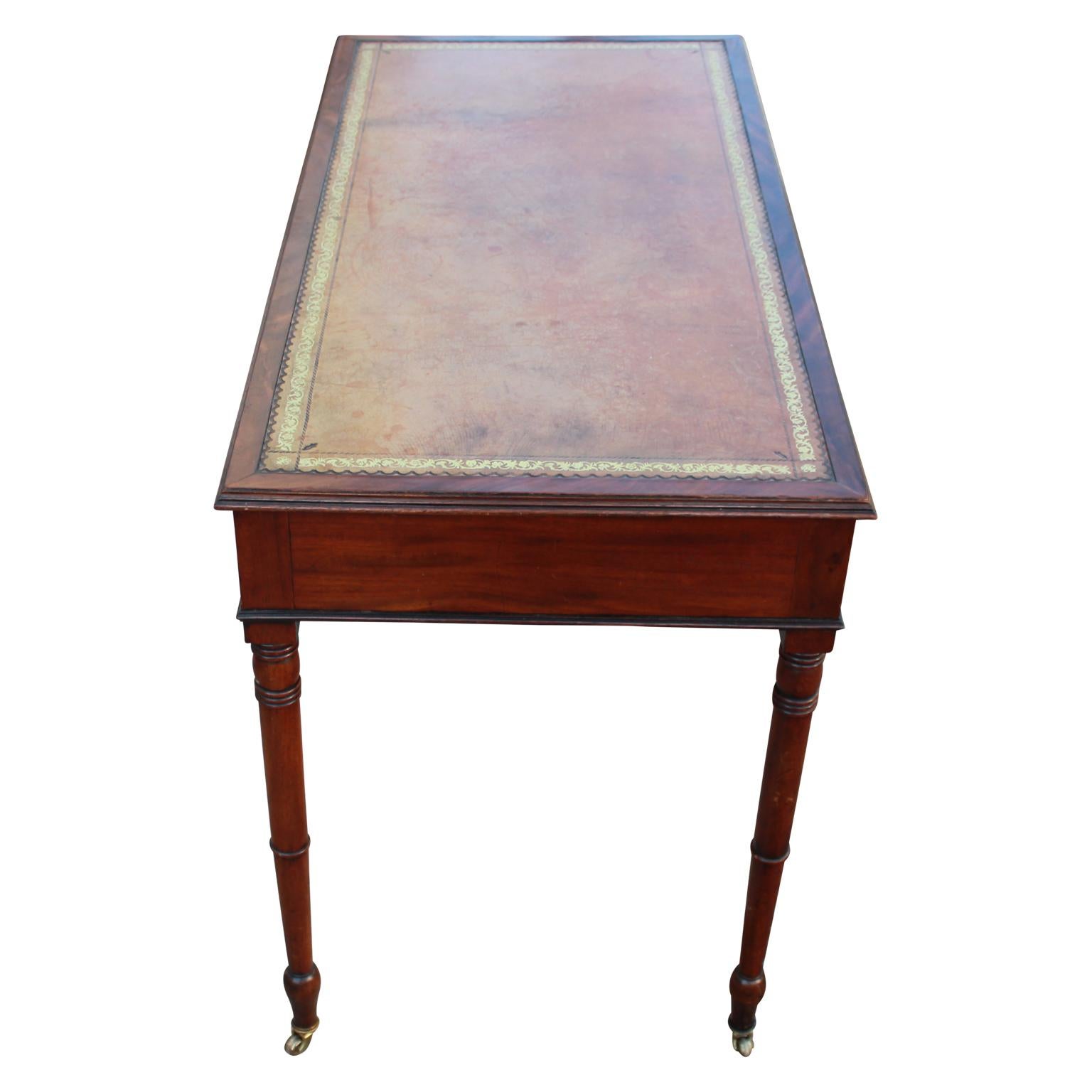 Brass Mid-19th Century English Leather Top Two-Drawer Writing Desk