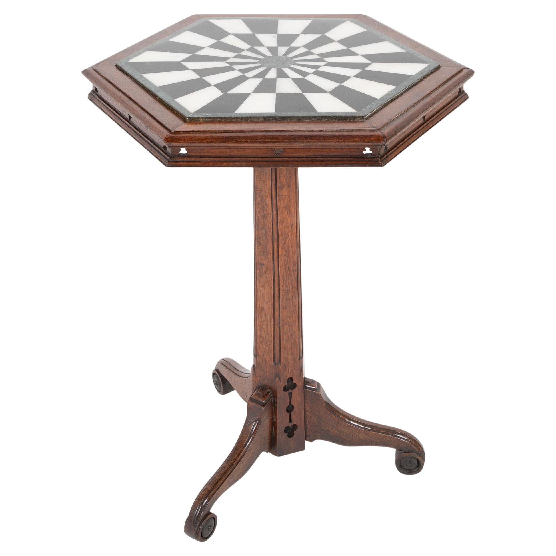 Mid 19th Century English Oak & Marble Top Occasional Table For Sale