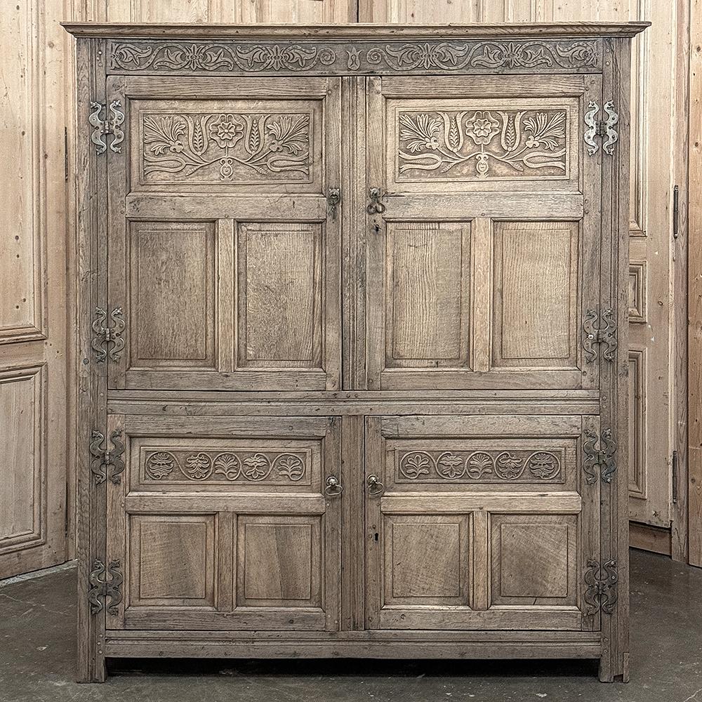 Hand-Carved Mid-19th Century English Oak Wardrobe in Stripped Oak For Sale