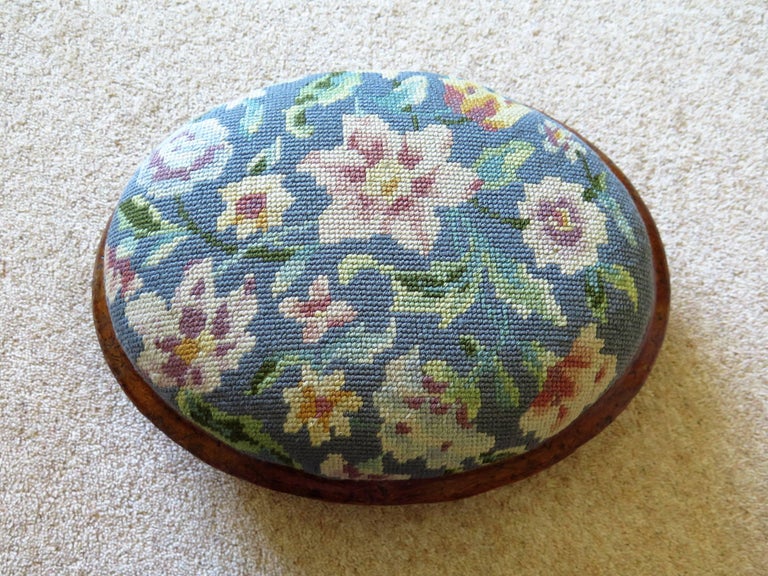 Mid19th Century English Oval Footstool with Walnut Frame and Tapestry